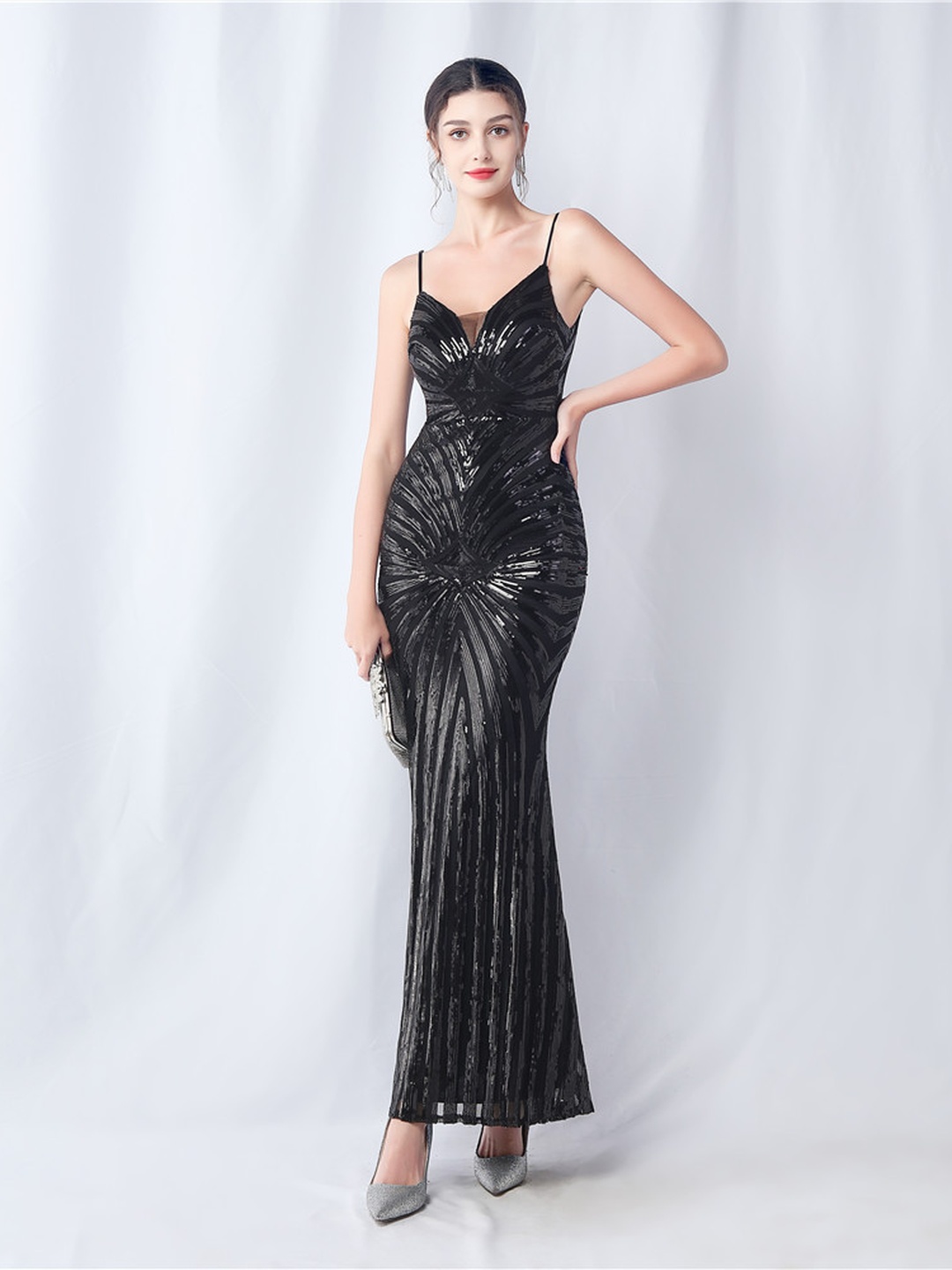 Black Sequin Spaghetti Strap Mermaid Evening Gown
