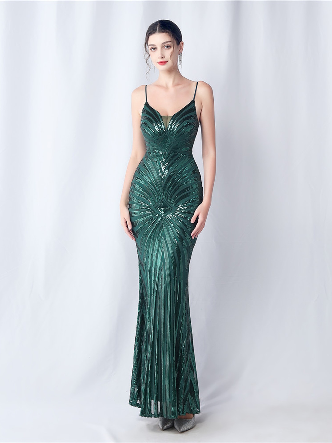 Emerald Sequin Mermaid Maxi Dress - Strappy V-Neck