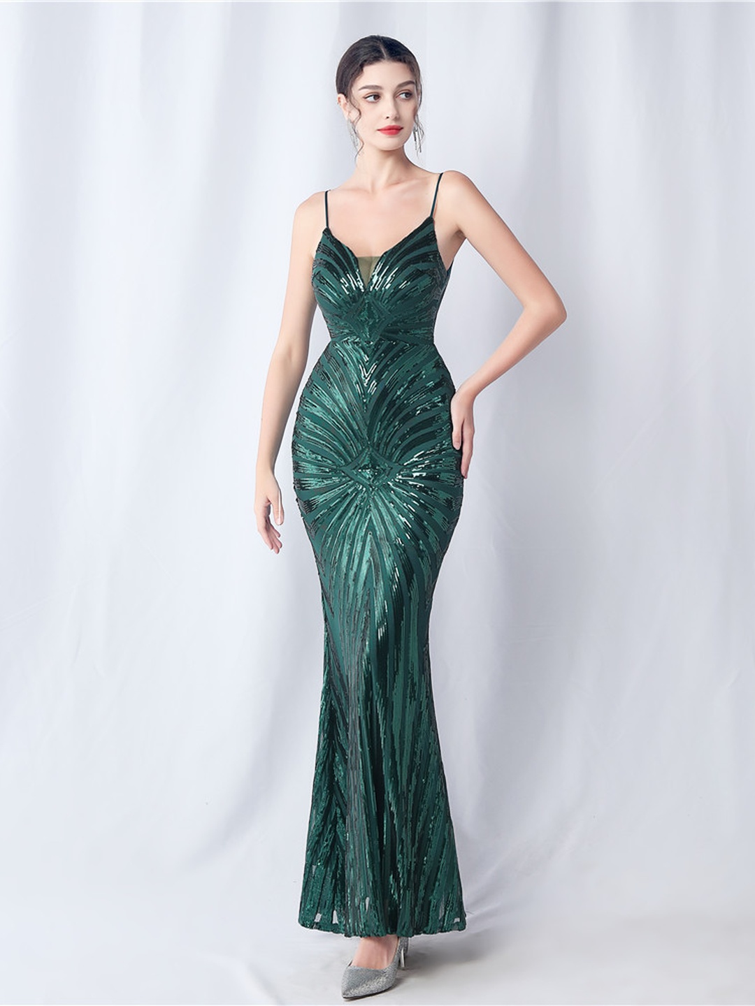 Emerald Sequin Mermaid Maxi Dress - Strappy V-Neck