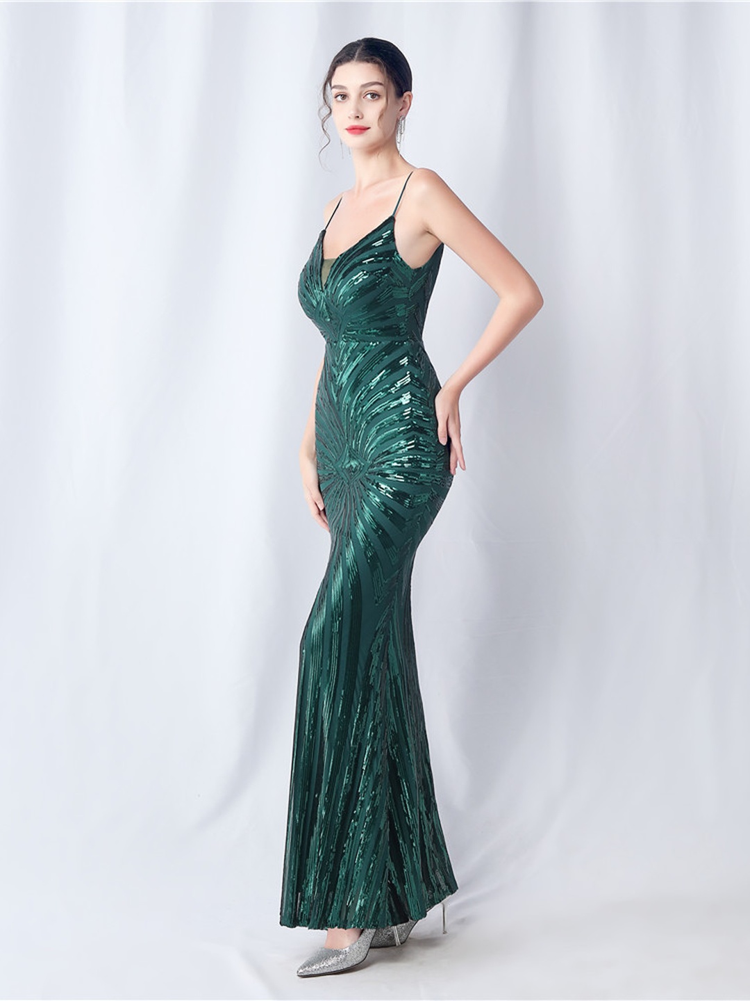 Emerald Sequin Mermaid Maxi Dress - Strappy V-Neck