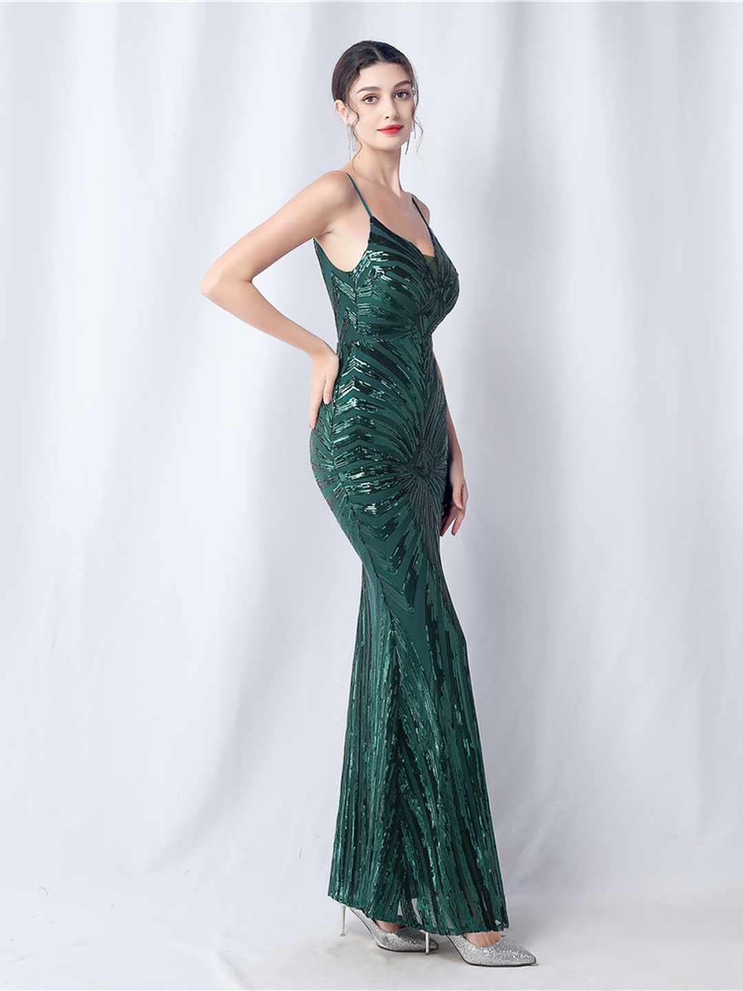 Emerald Sequin Mermaid Maxi Dress - Strappy V-Neck