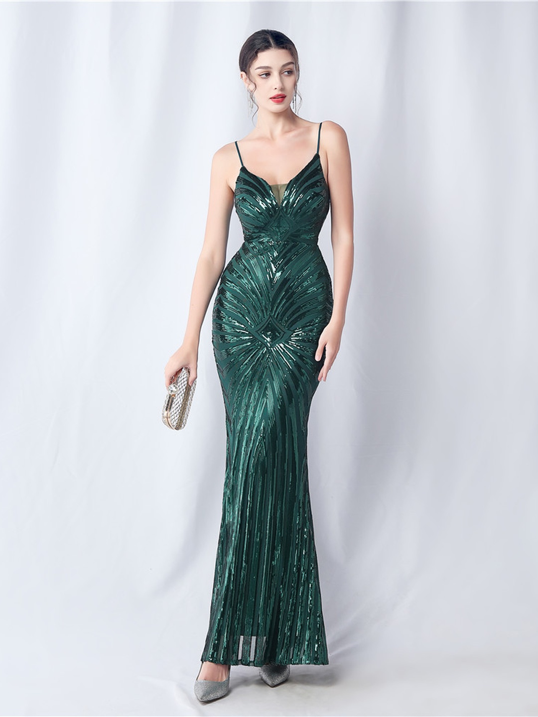 Emerald Sequin Mermaid Maxi Dress - Strappy V-Neck