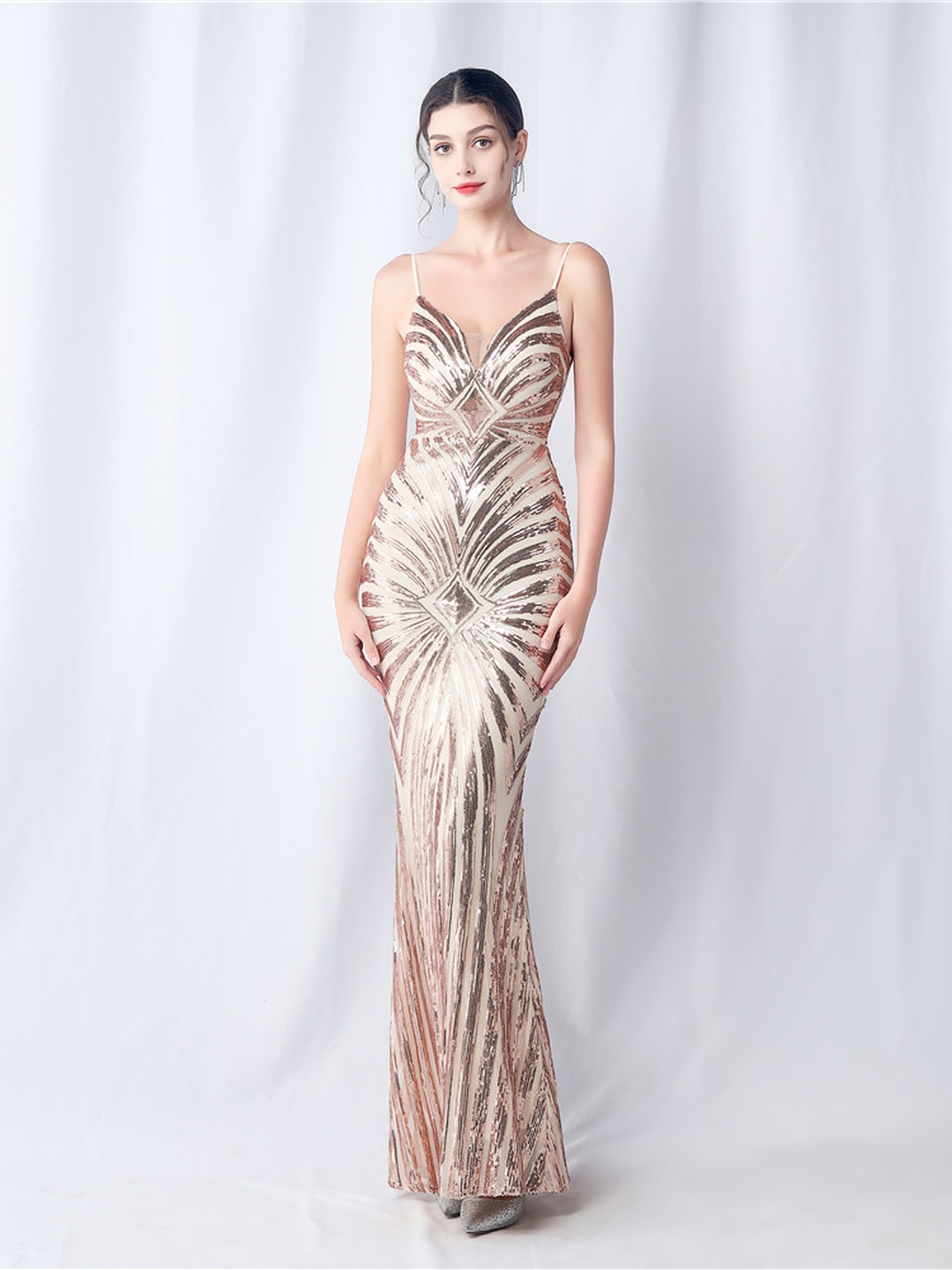 Pink Sequin Mermaid Maxi Dress with Strappy V-Neck