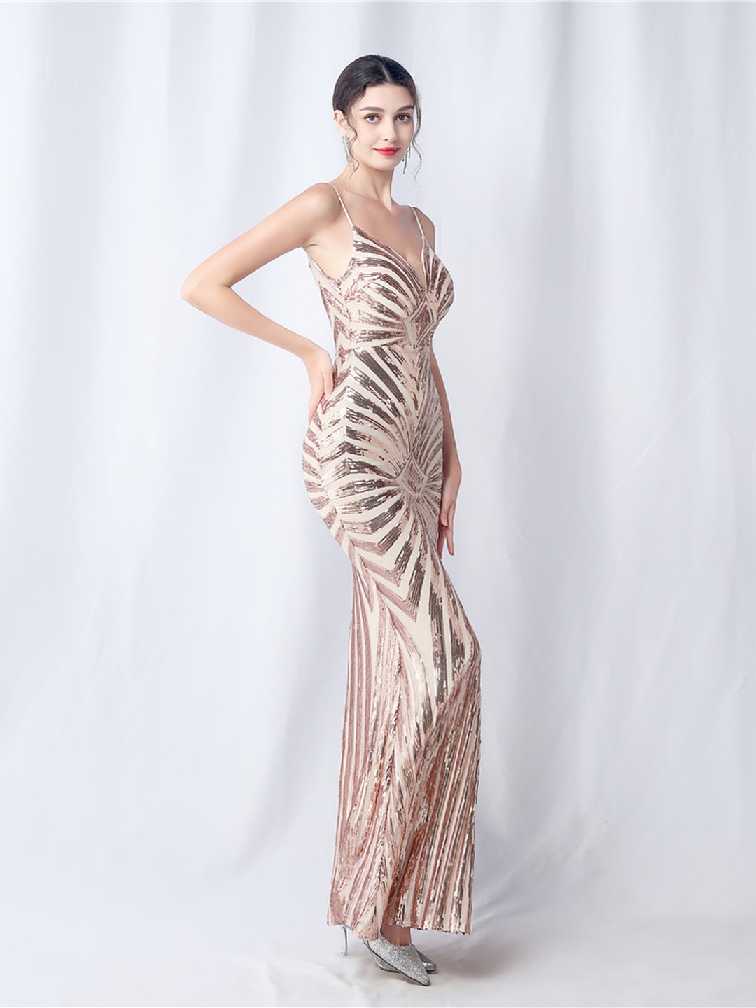 Pink Sequin Mermaid Maxi Dress with Strappy V-Neck