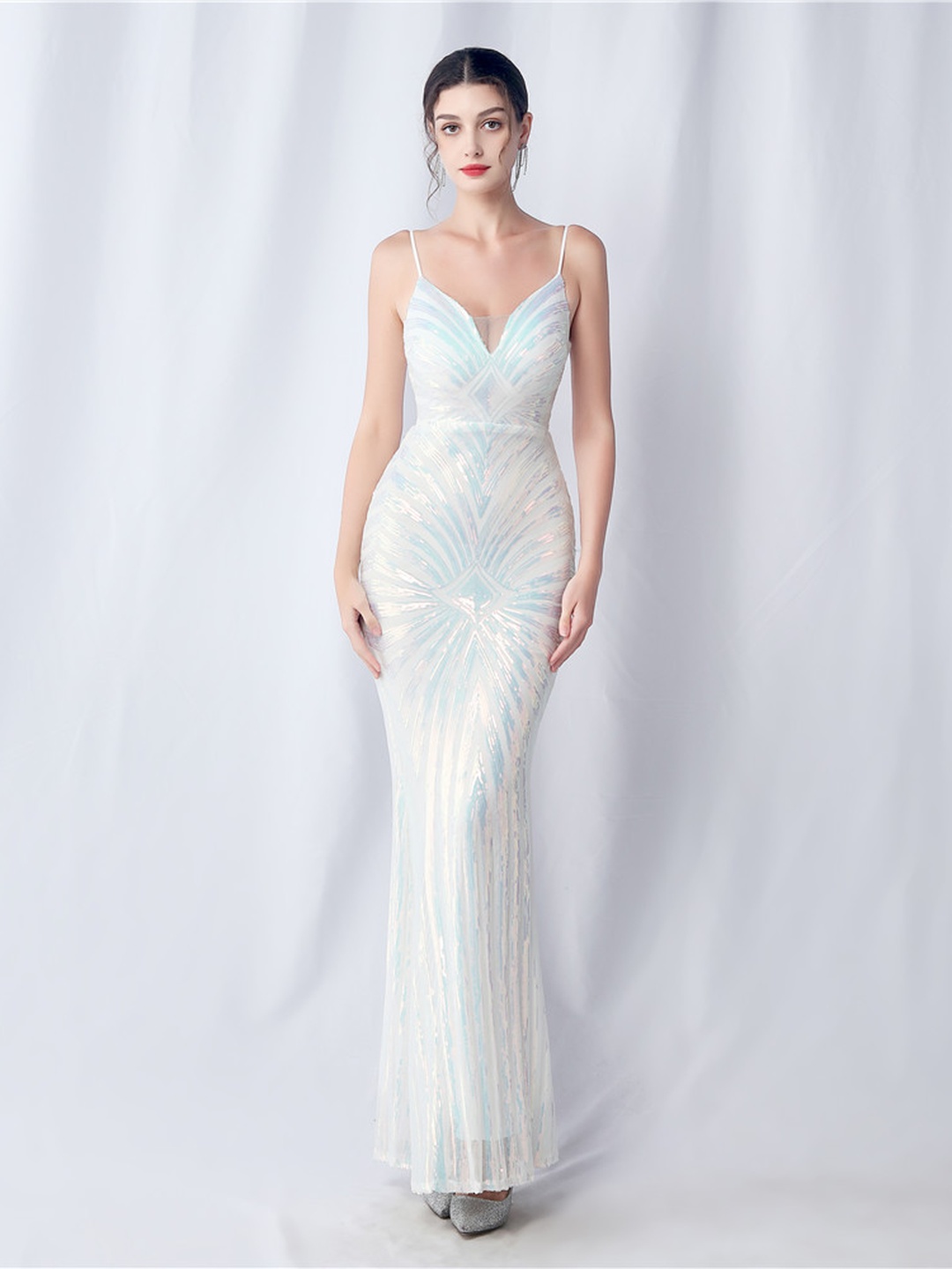 White Sequin Mermaid Maxi Dress - Strappy V-Neck Gown