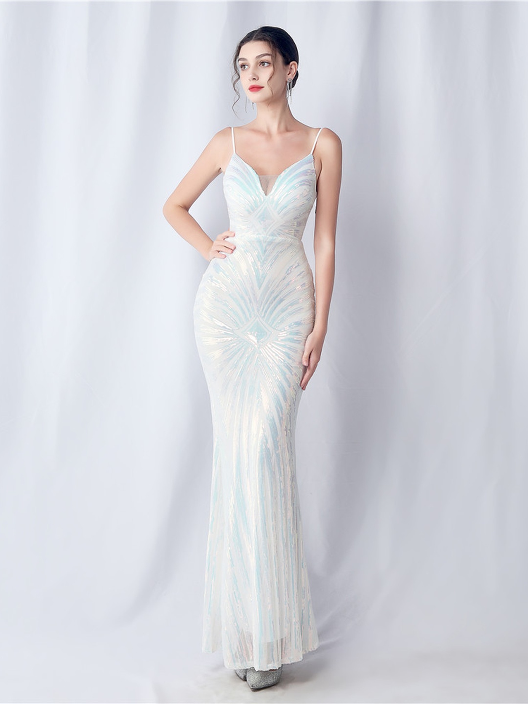 White Sequin Mermaid Maxi Dress - Strappy V-Neck Gown