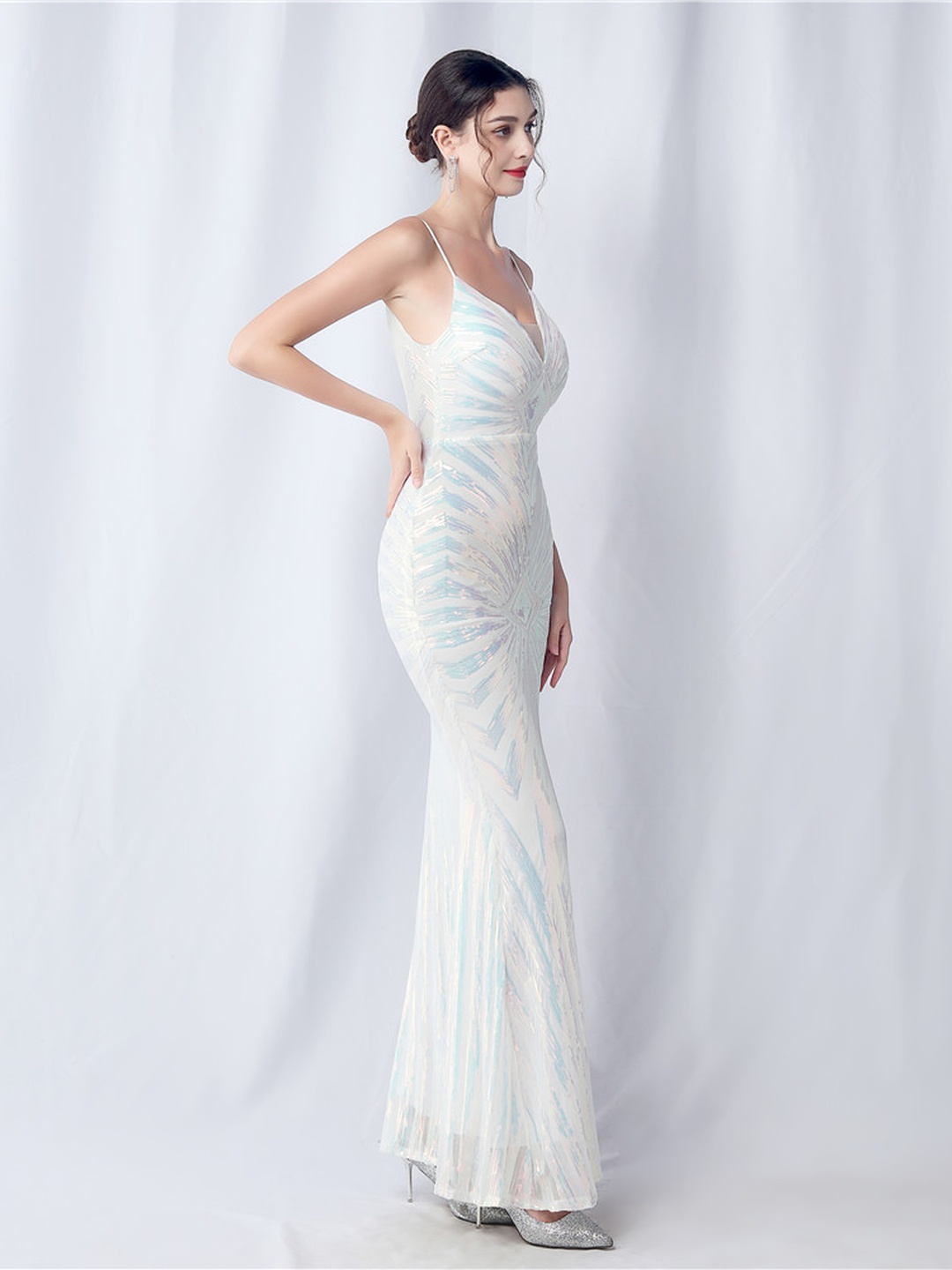 White Sequin Mermaid Maxi Dress - Strappy V-Neck Gown