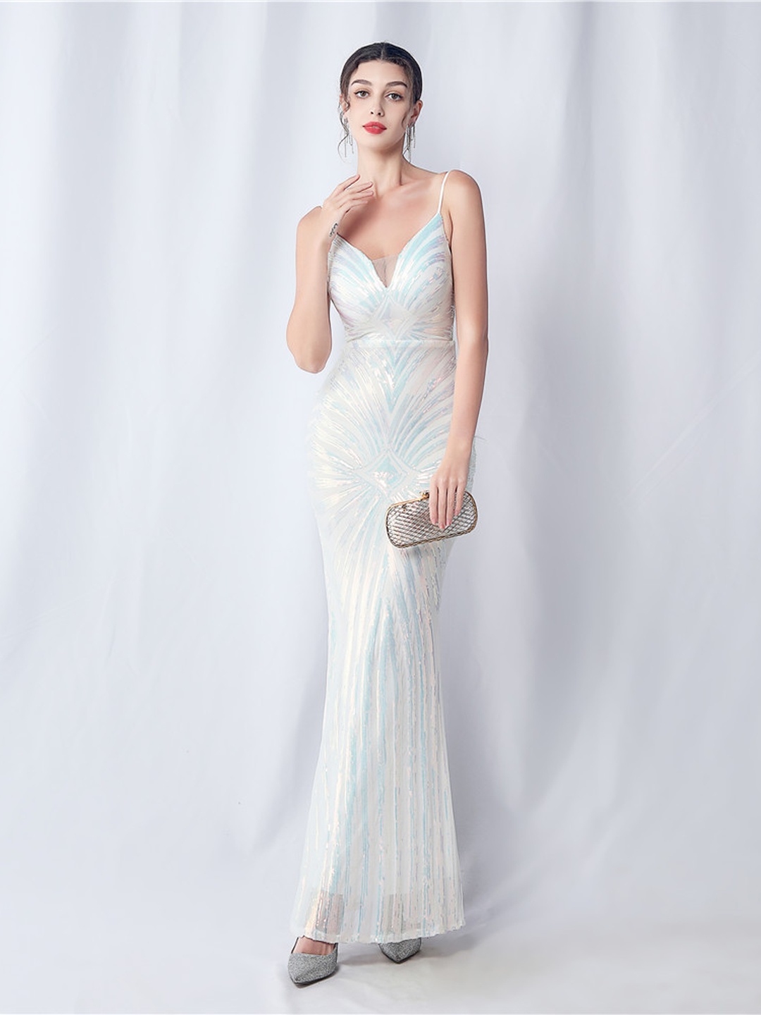 White Sequin Mermaid Maxi Dress - Strappy V-Neck Gown