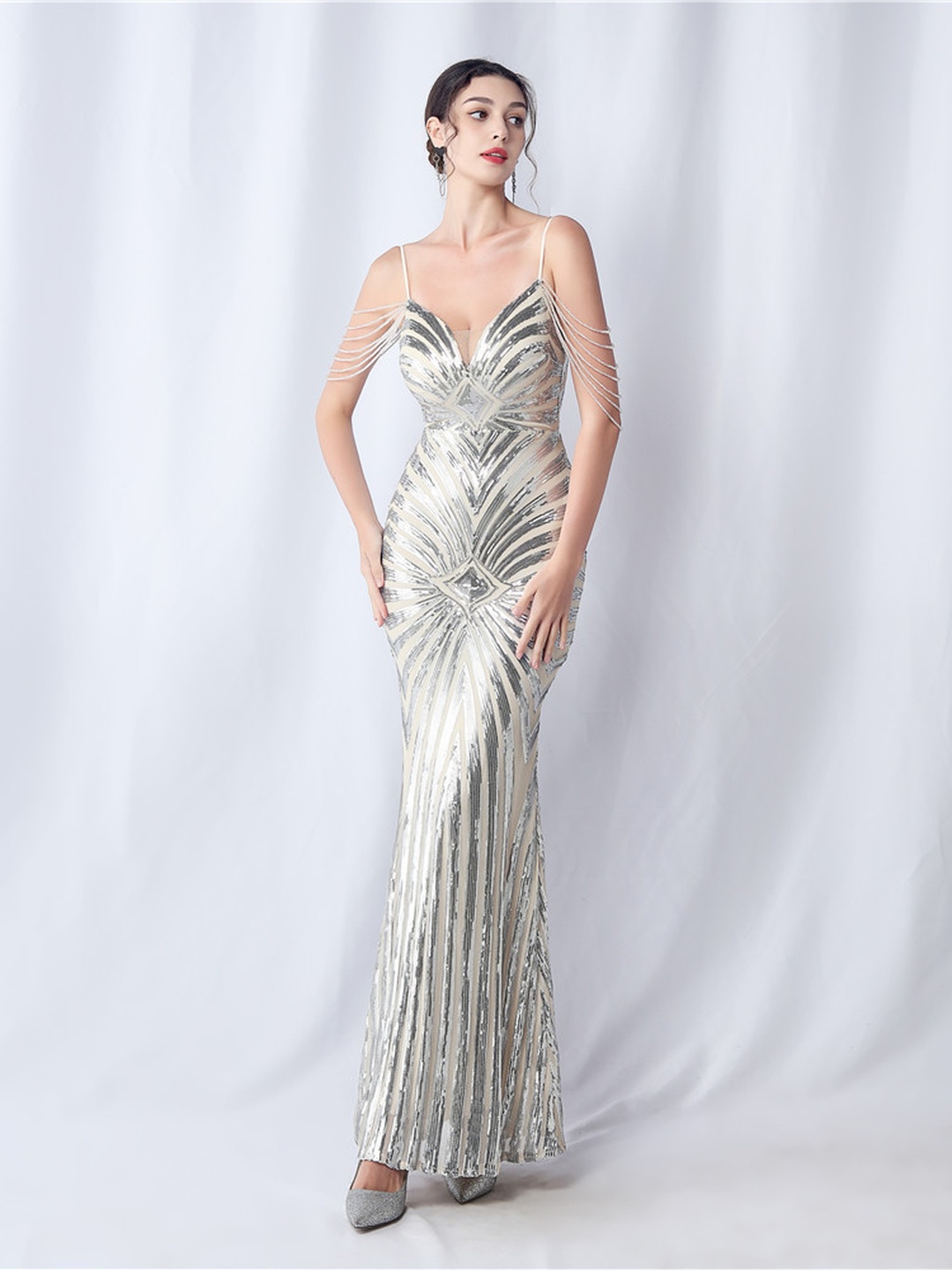 Silver Sequin Maxi Mermaid Dress with Strappy Shoulders - Perfect for Daytime Events
