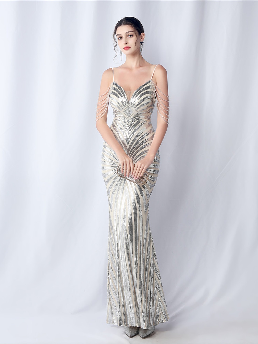 Silver Sequin Maxi Mermaid Dress with Strappy Shoulders - Perfect for Daytime Events