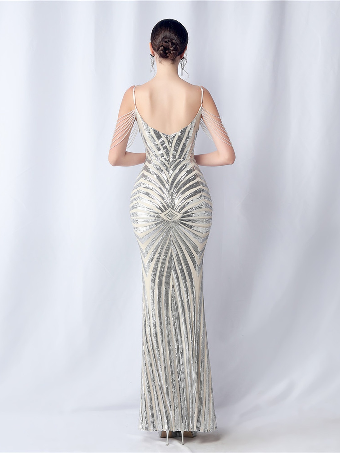 Silver Sequin Maxi Mermaid Dress with Strappy Shoulders - Perfect for Daytime Events