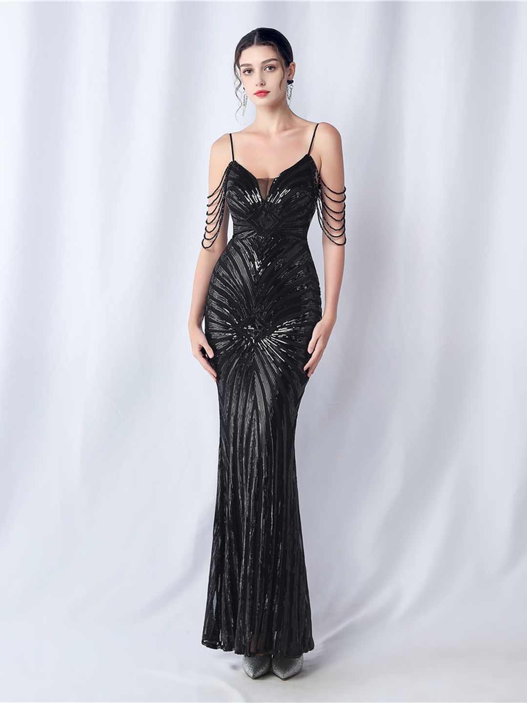 Black Sequin Beaded Spaghetti Strap Mermaid Evening Dress