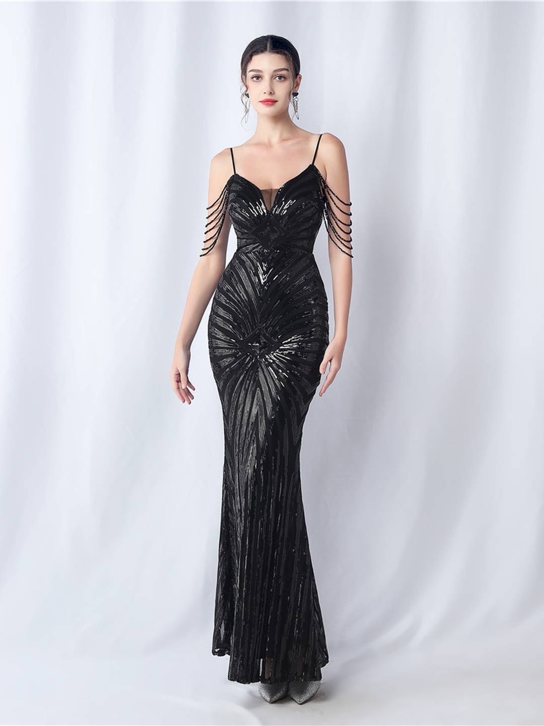 Black Sequin Beaded Spaghetti Strap Mermaid Evening Dress