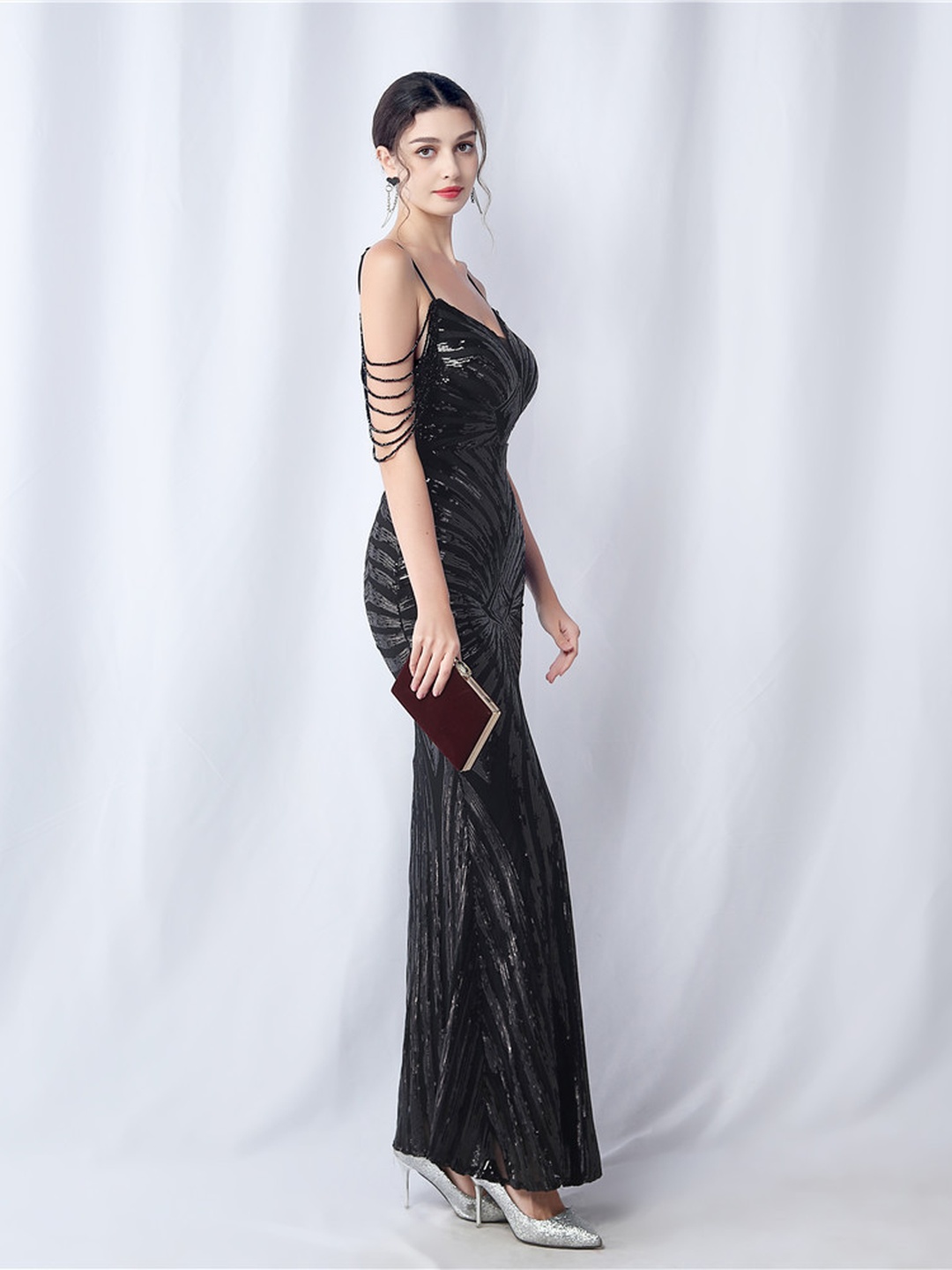 Black Sequin Beaded Spaghetti Strap Mermaid Evening Dress