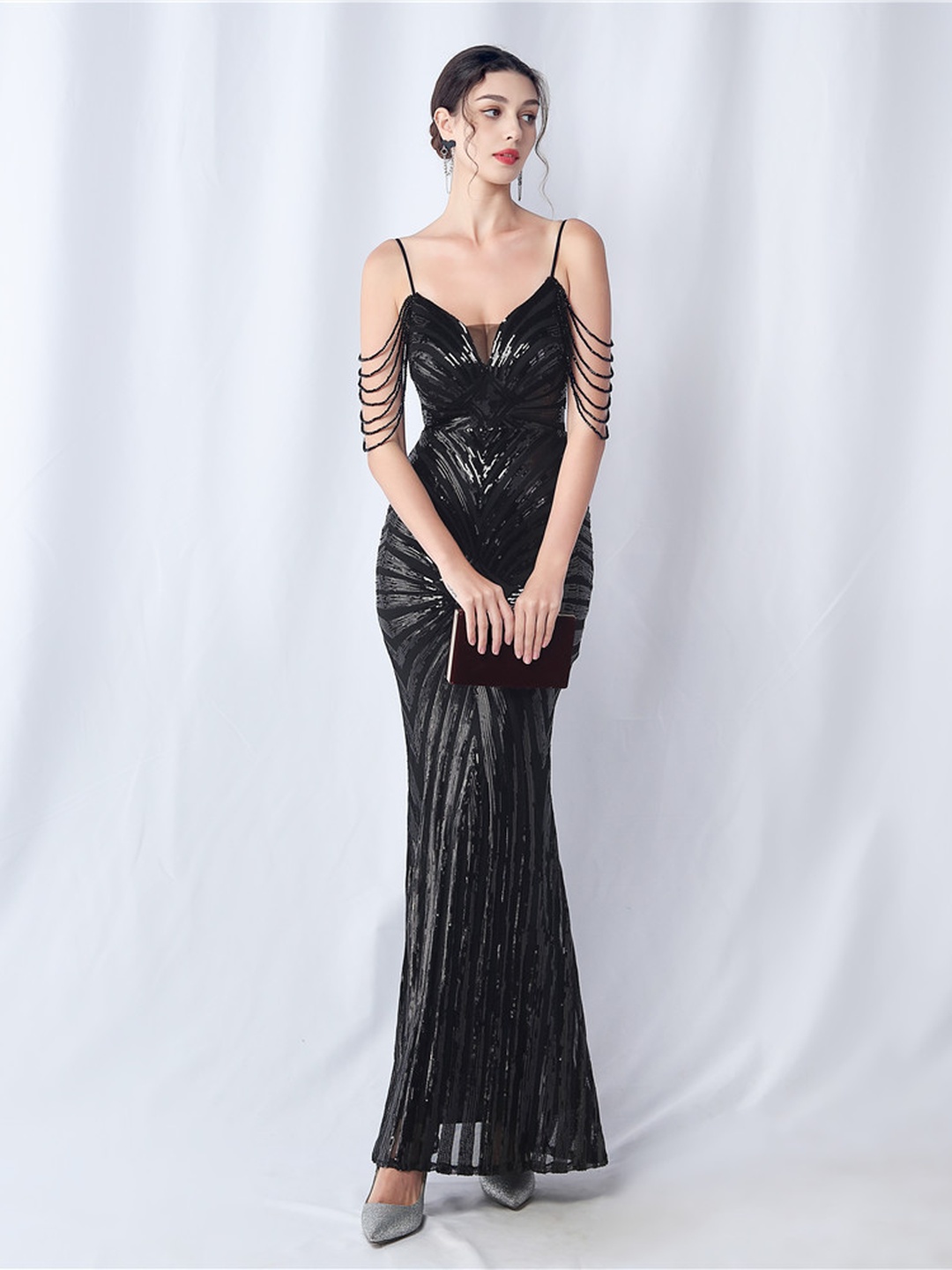 Black Sequin Beaded Spaghetti Strap Mermaid Evening Dress