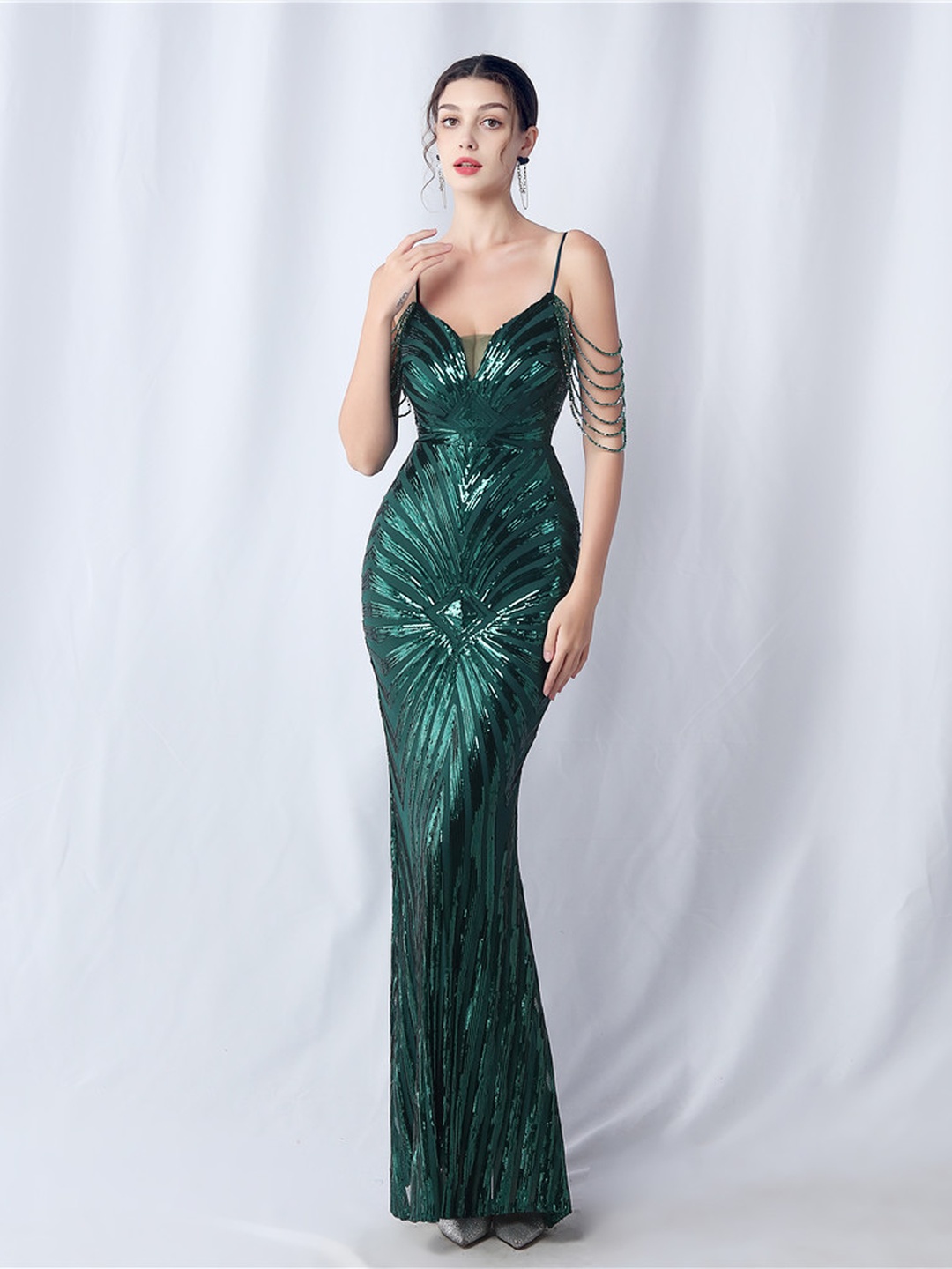 Dark Green Sequined Beaded Cold Shoulder Mermaid Evening Dress