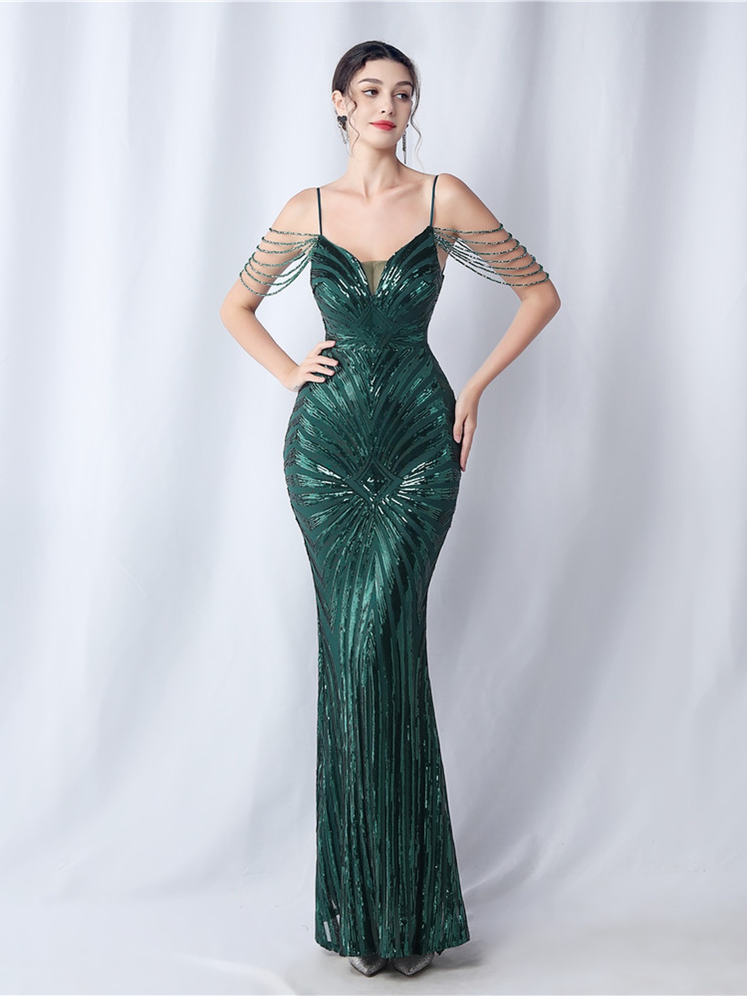 Dark Green Sequined Beaded Cold Shoulder Mermaid Evening Dress