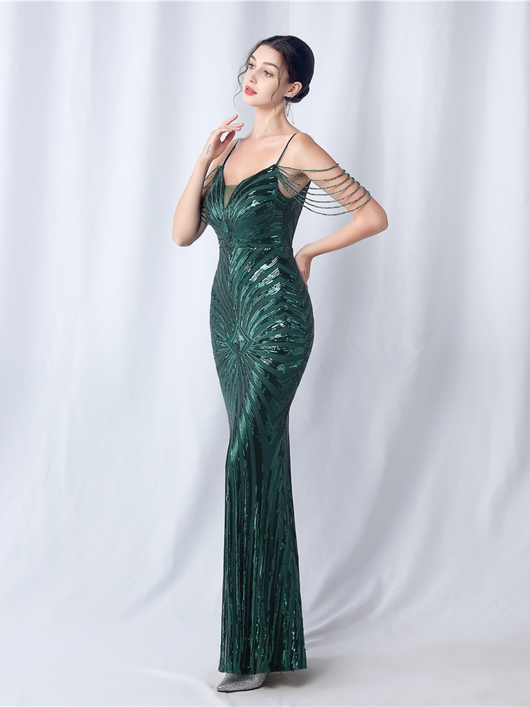 Dark Green Sequined Beaded Cold Shoulder Mermaid Evening Dress