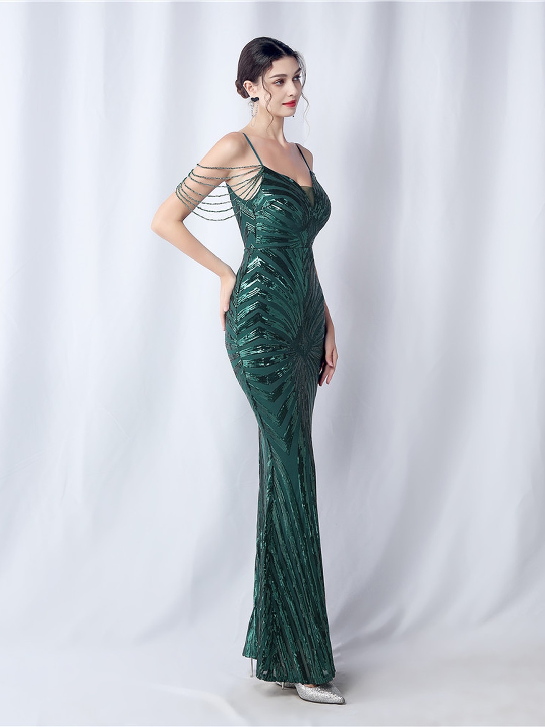 Dark Green Sequined Beaded Cold Shoulder Mermaid Evening Dress