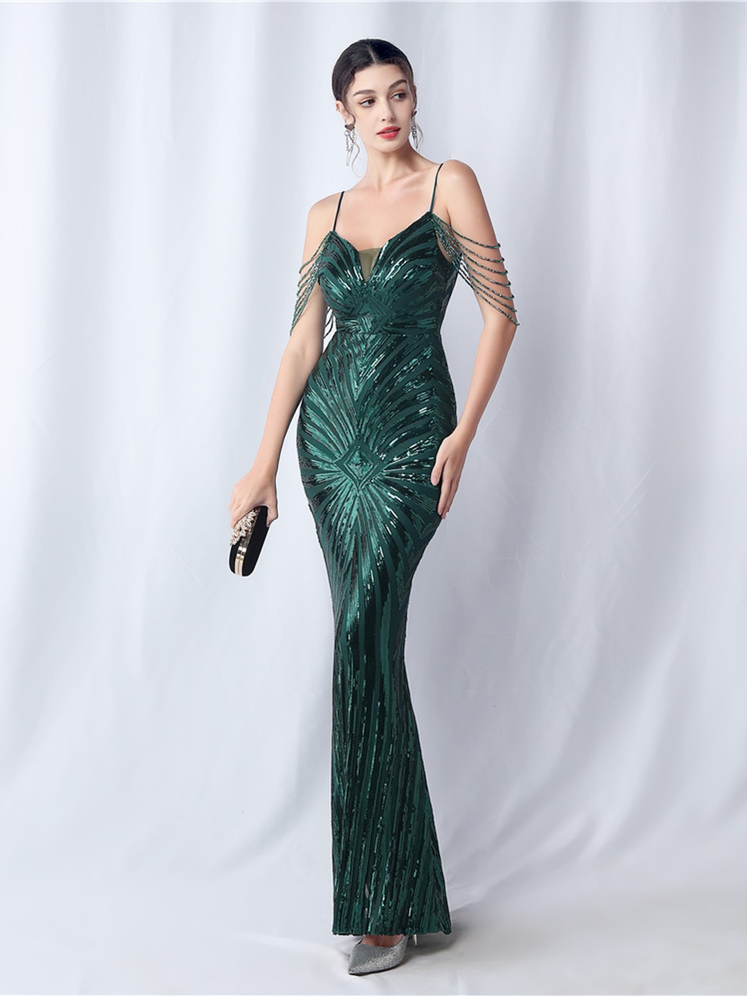 Dark Green Sequined Beaded Cold Shoulder Mermaid Evening Dress