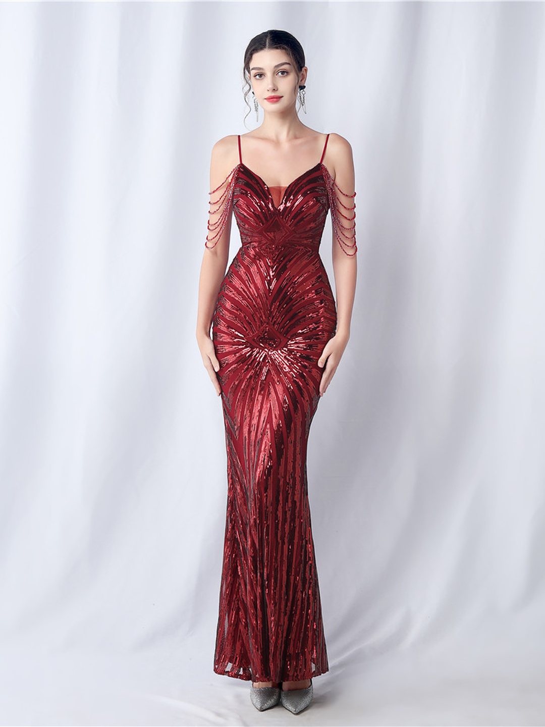 Burgundy Sequin Mermaid Maxi Evening Dress with Strappy Cold Shoulder