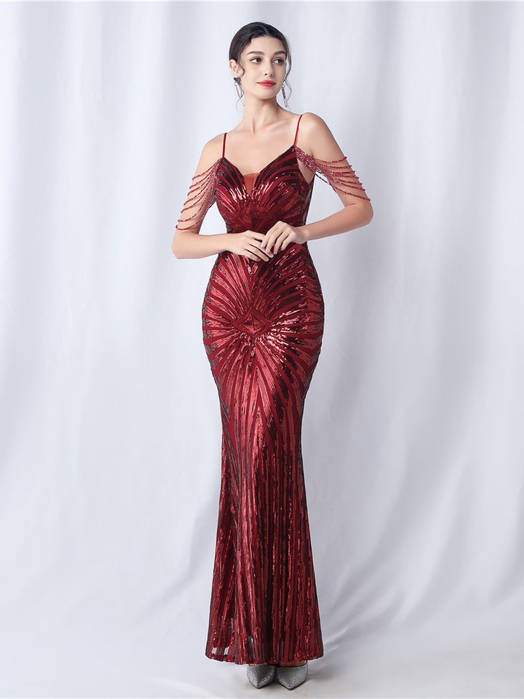 Burgundy Sequin Mermaid Maxi Evening Dress with Strappy Cold Shoulder