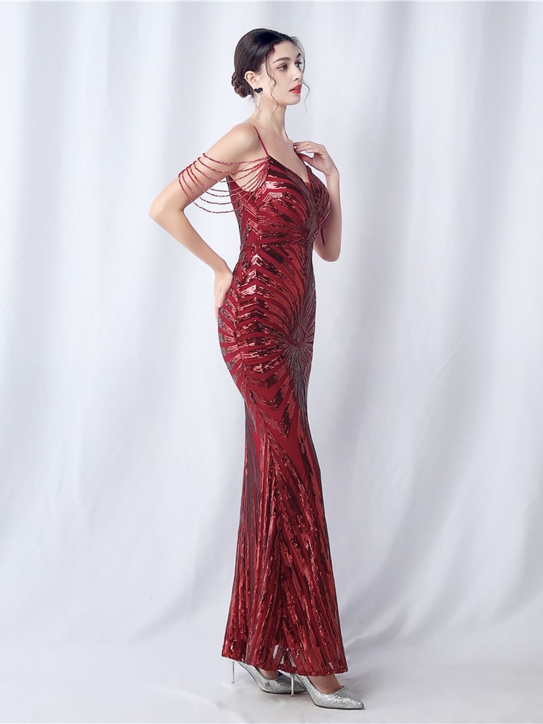 Burgundy Sequin Mermaid Maxi Evening Dress with Strappy Cold Shoulder