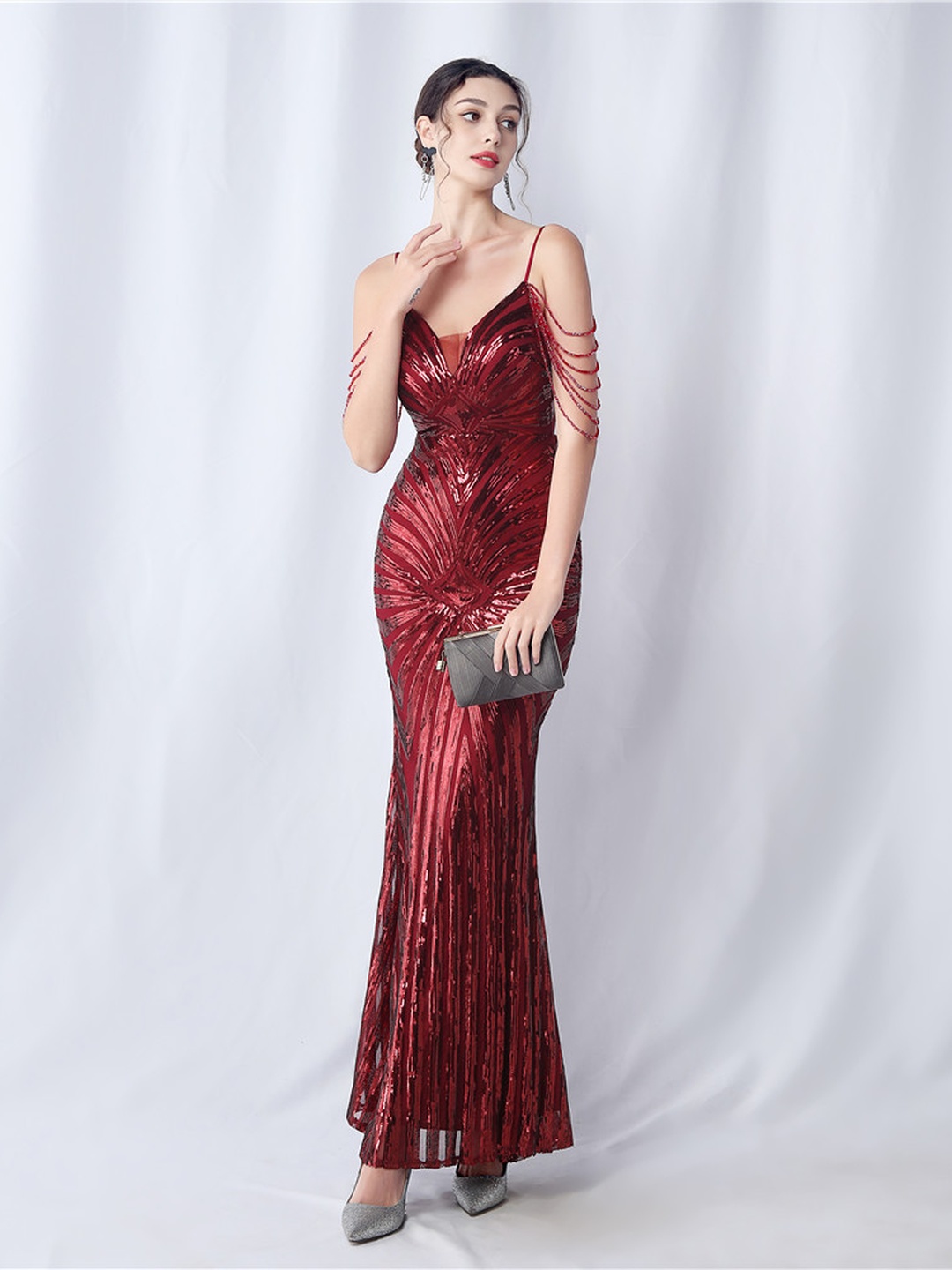 Burgundy Sequin Mermaid Maxi Evening Dress with Strappy Cold Shoulder