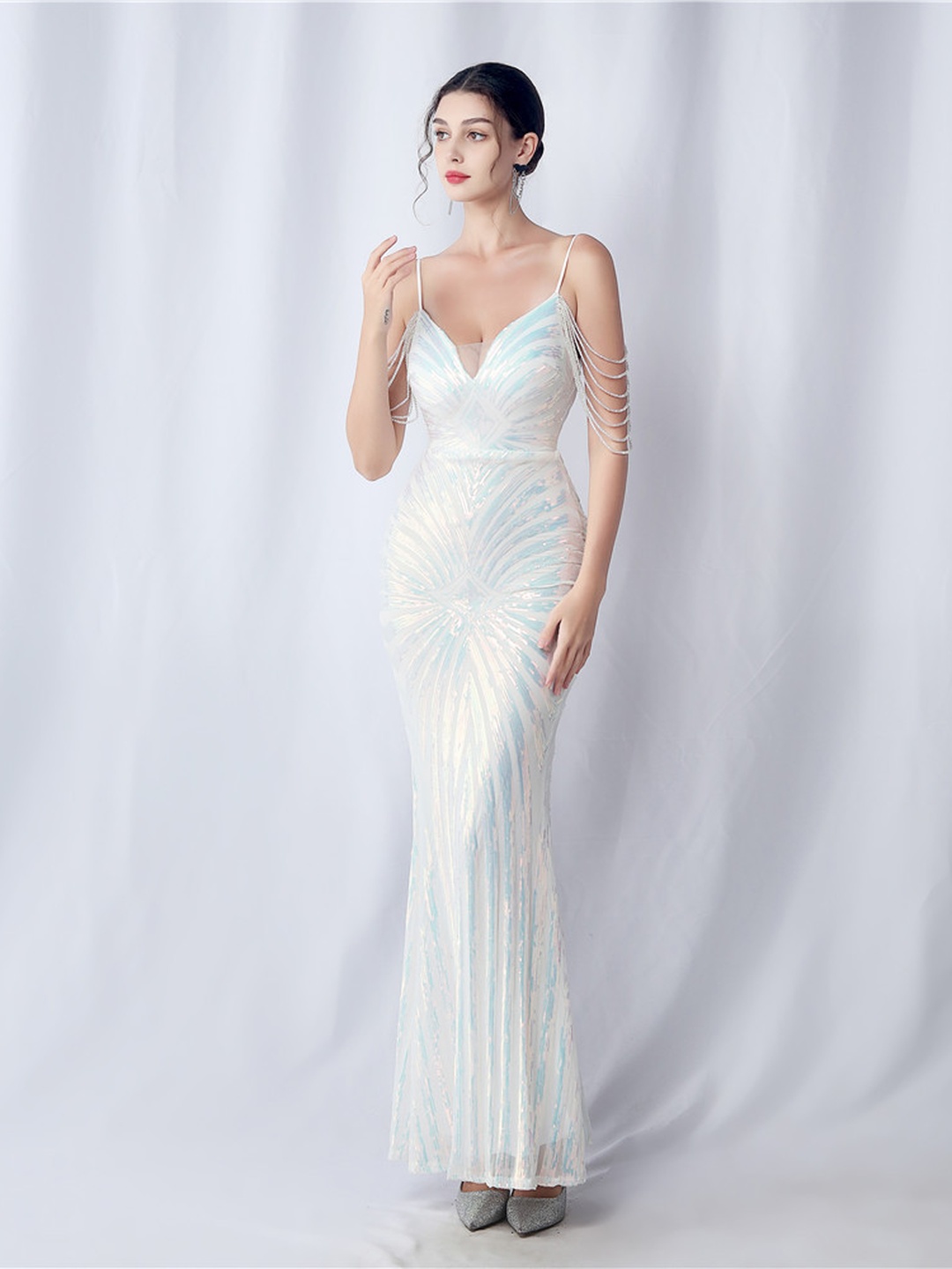 White Beaded Sequin Strapless Mermaid Wedding Dress
