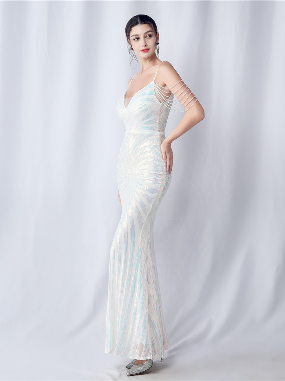 White Beaded Sequin Strapless Mermaid Wedding Dress