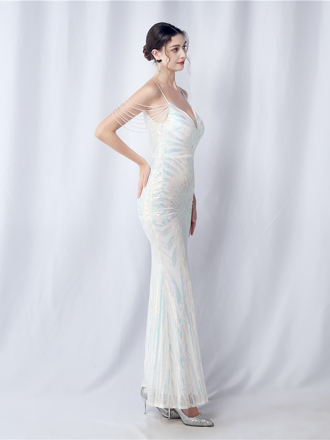 White Beaded Sequin Strapless Mermaid Wedding Dress