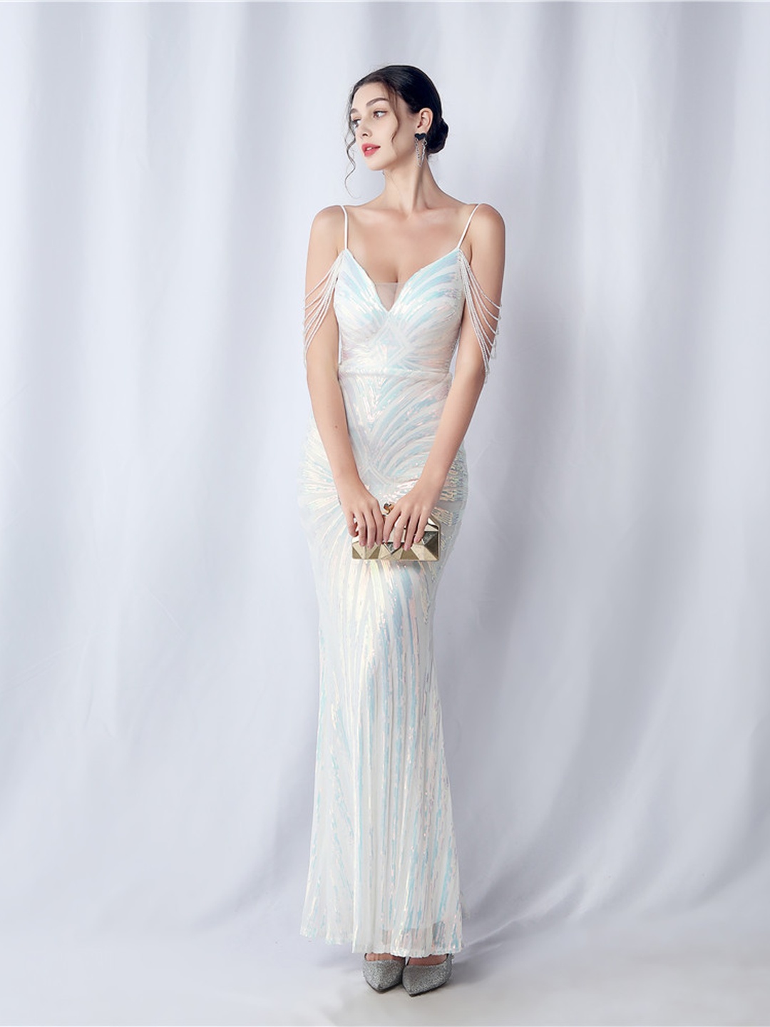 White Beaded Sequin Strapless Mermaid Wedding Dress
