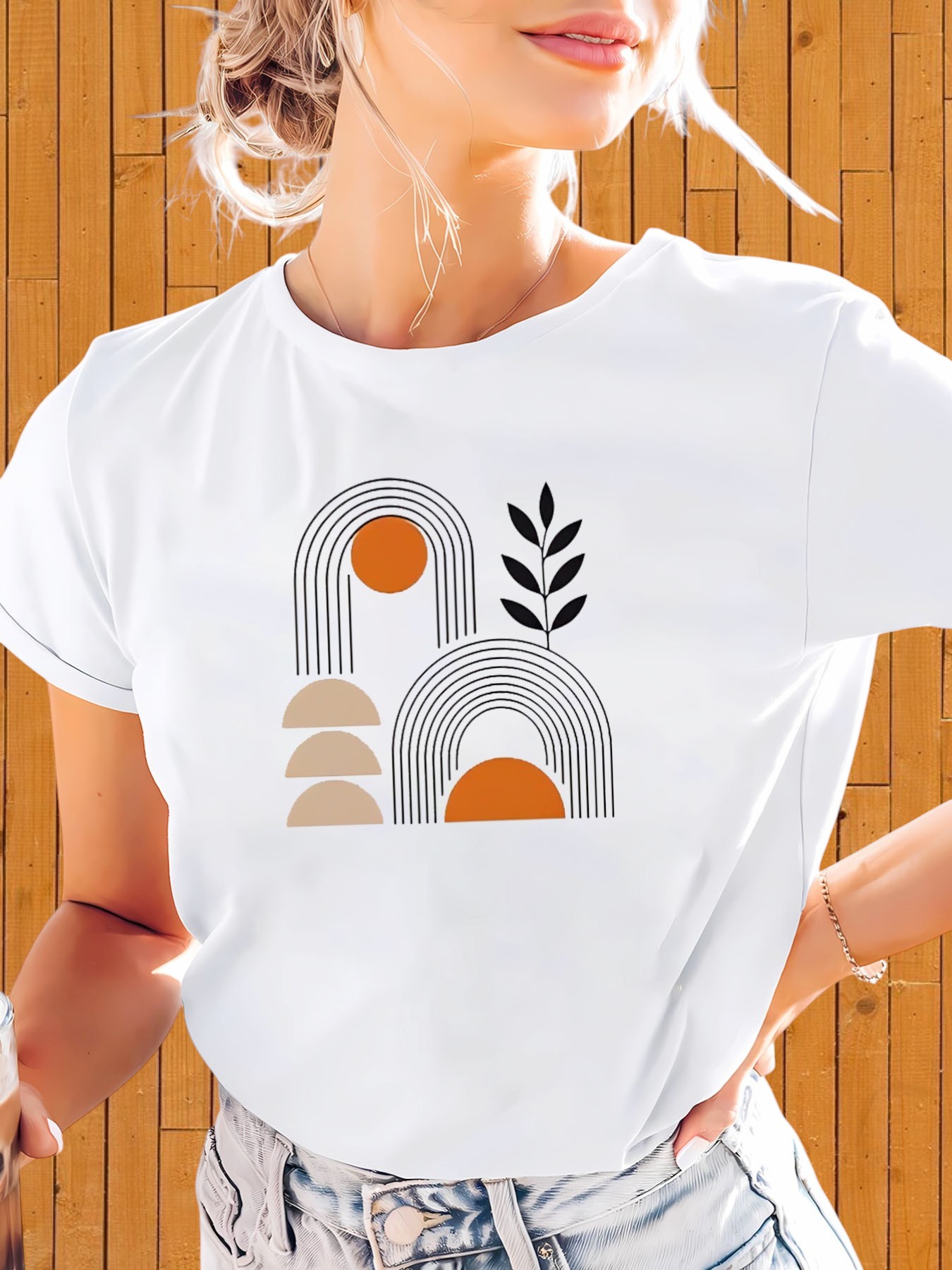 White Printed Round Neck Short Sleeve T-Shirt
