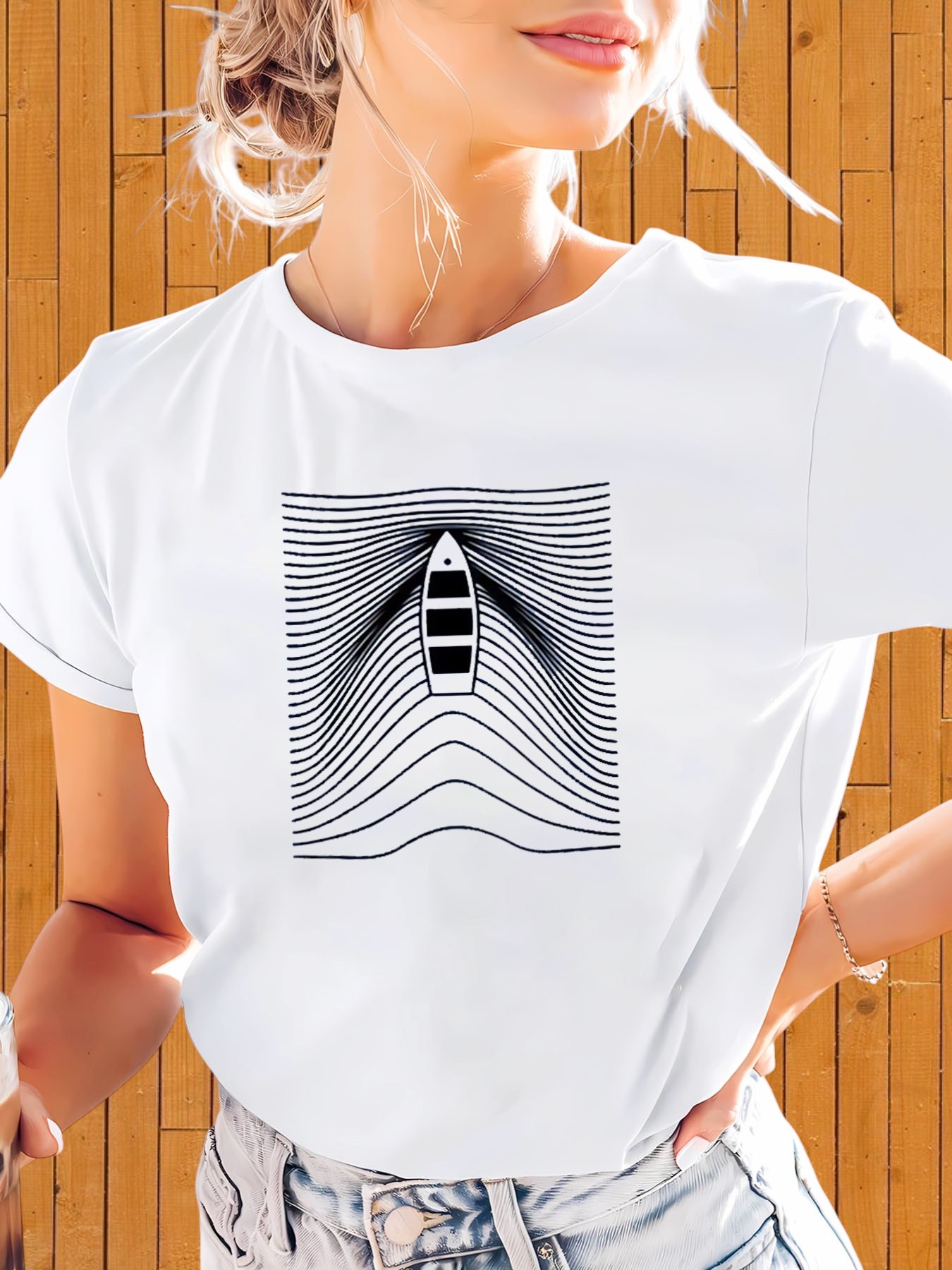 White Knitted Printed Regular Fit T-Shirt