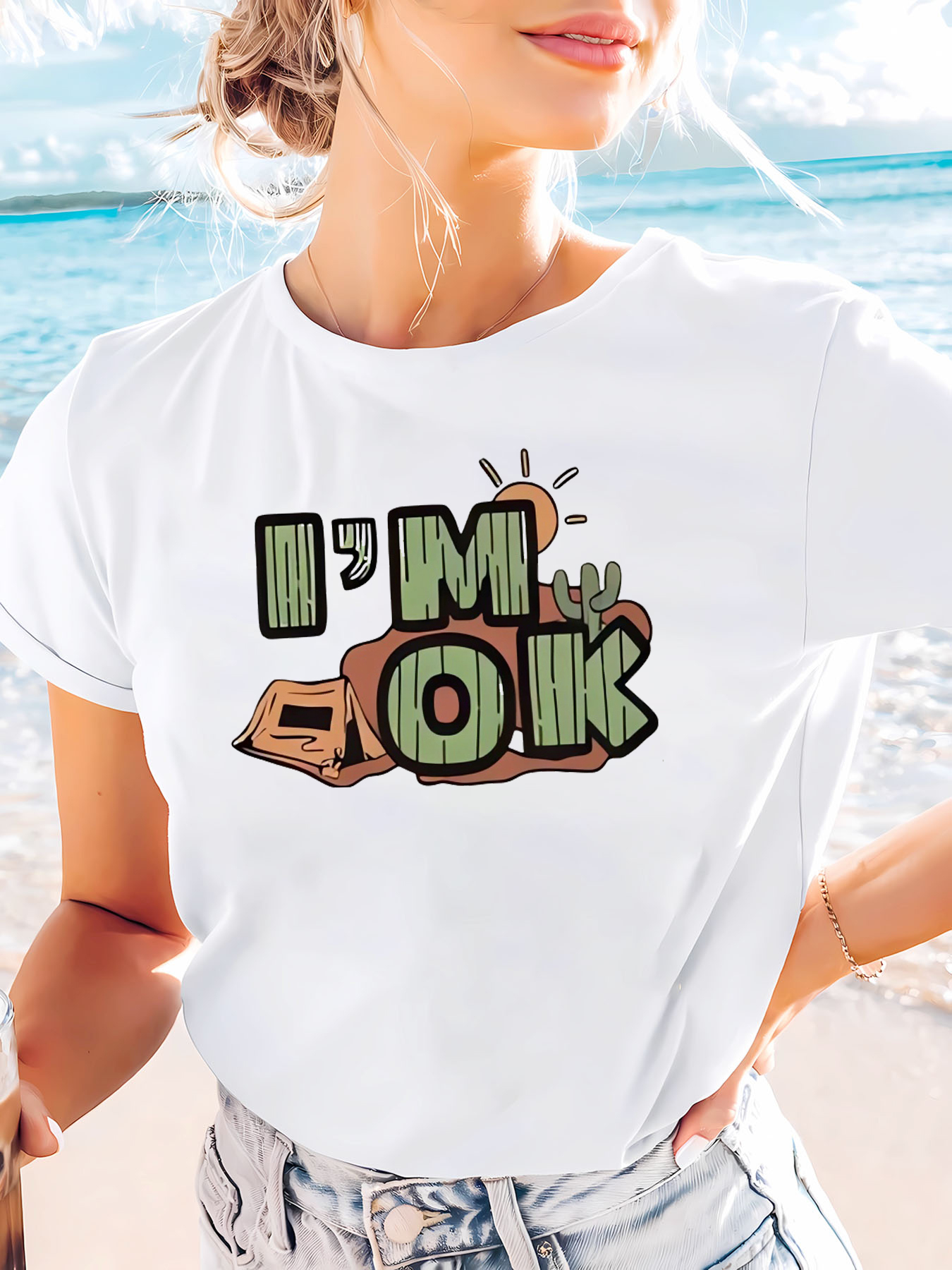 White Printed Round Neck Short Sleeve T-Shirt