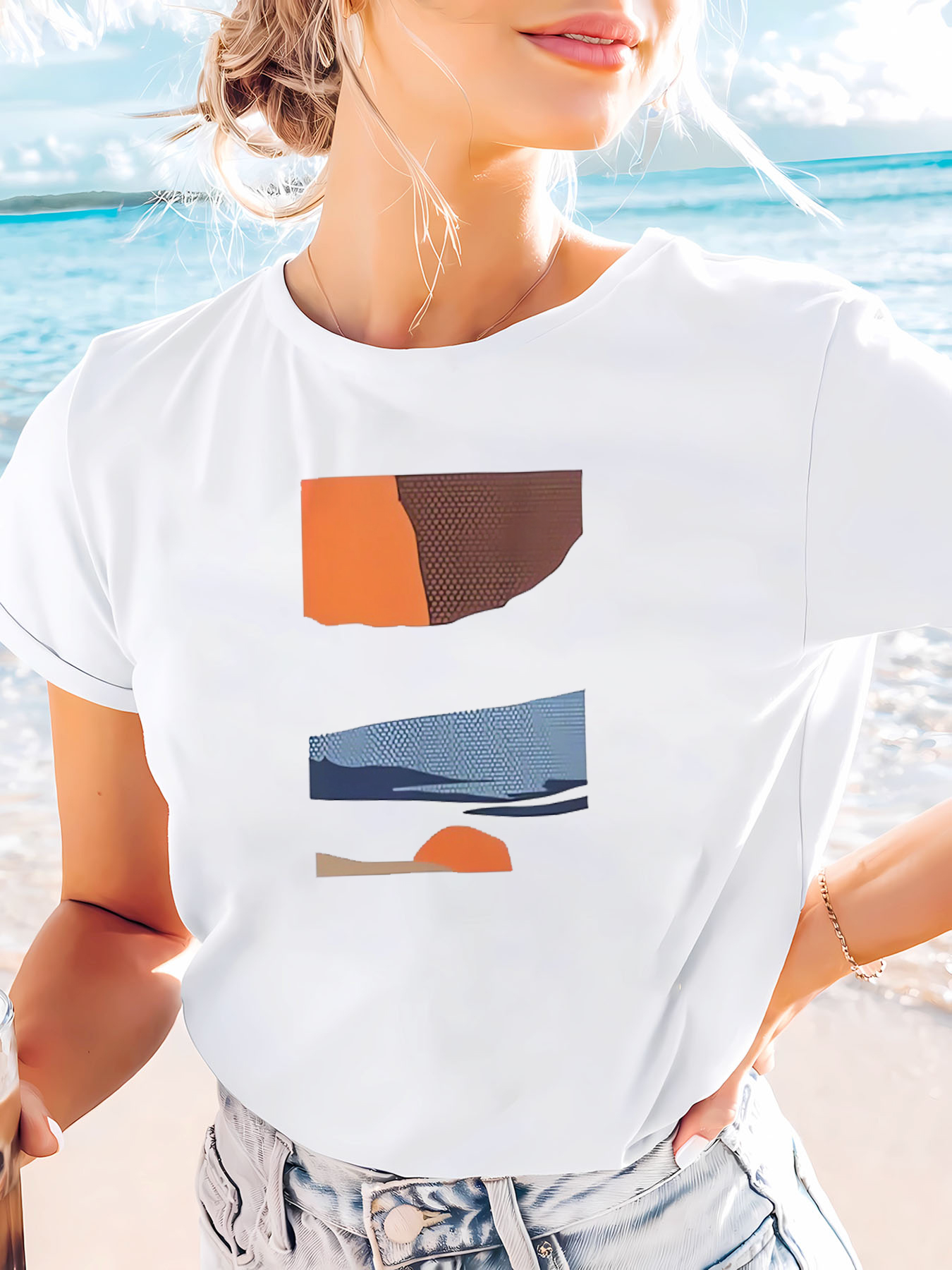 White Printed Round Neck Knitted T-Shirt