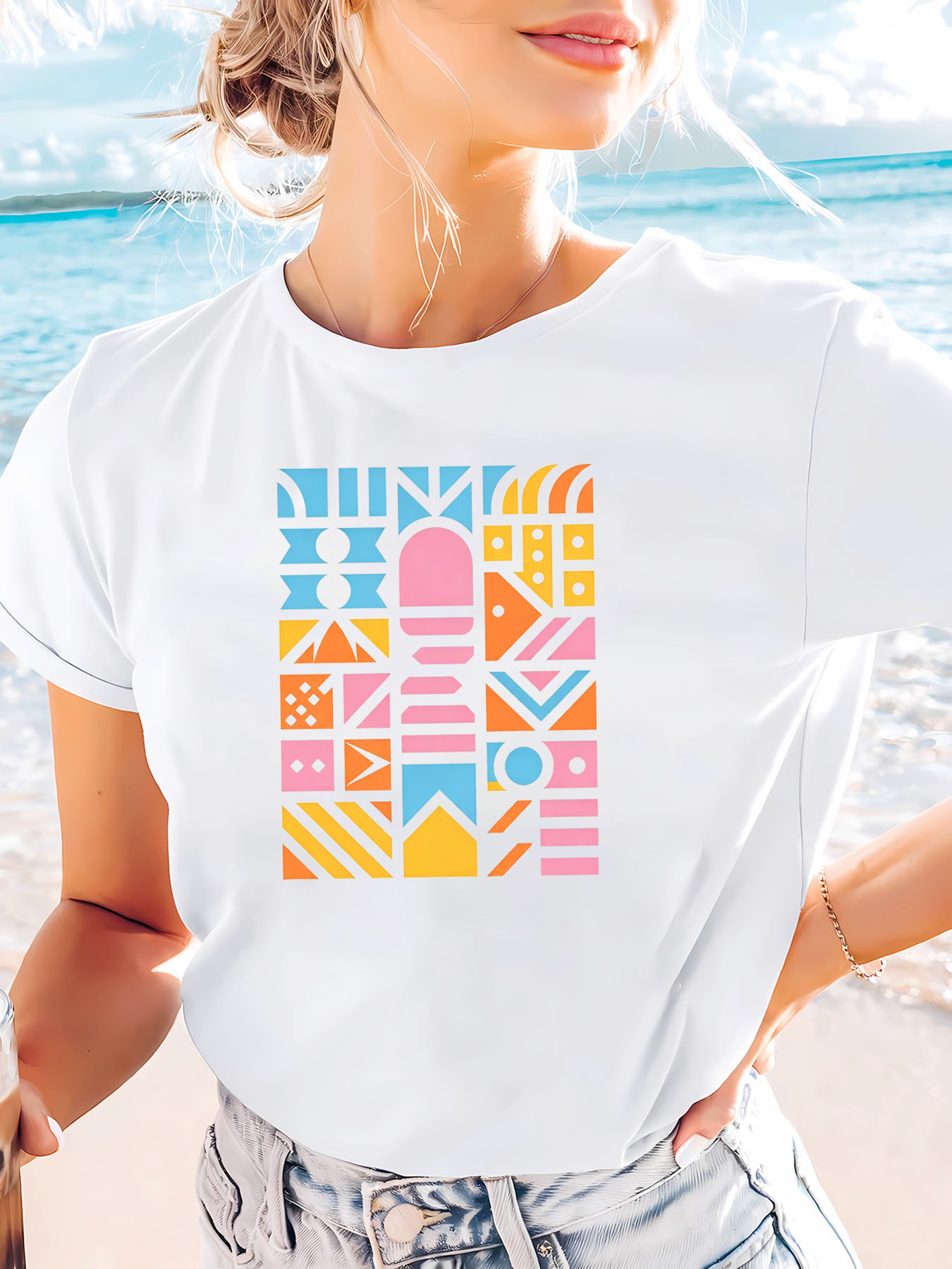 White Printed Short Sleeve Round Neck T-Shirt