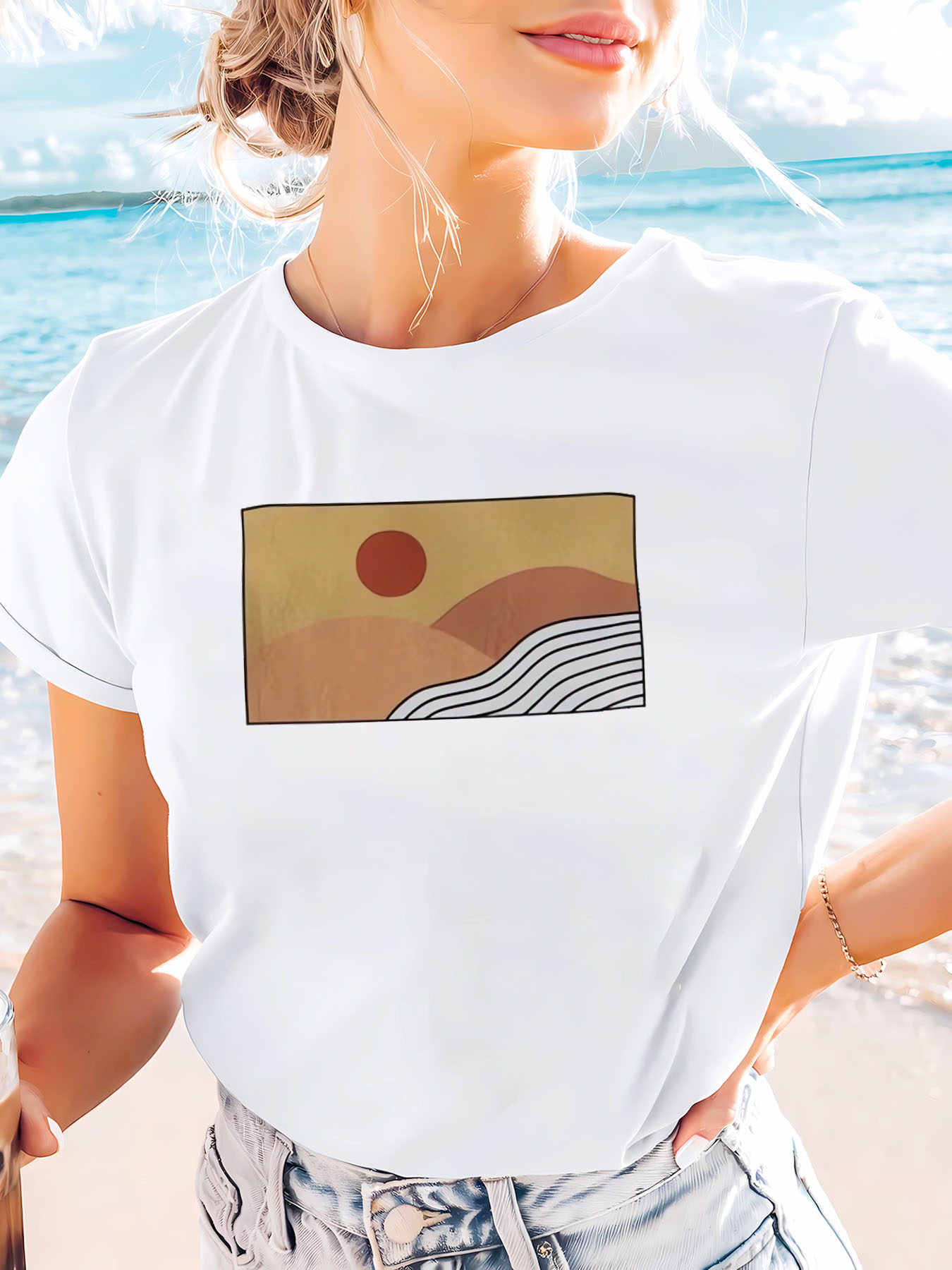 White Printed Round Neck Short Sleeve T-Shirt