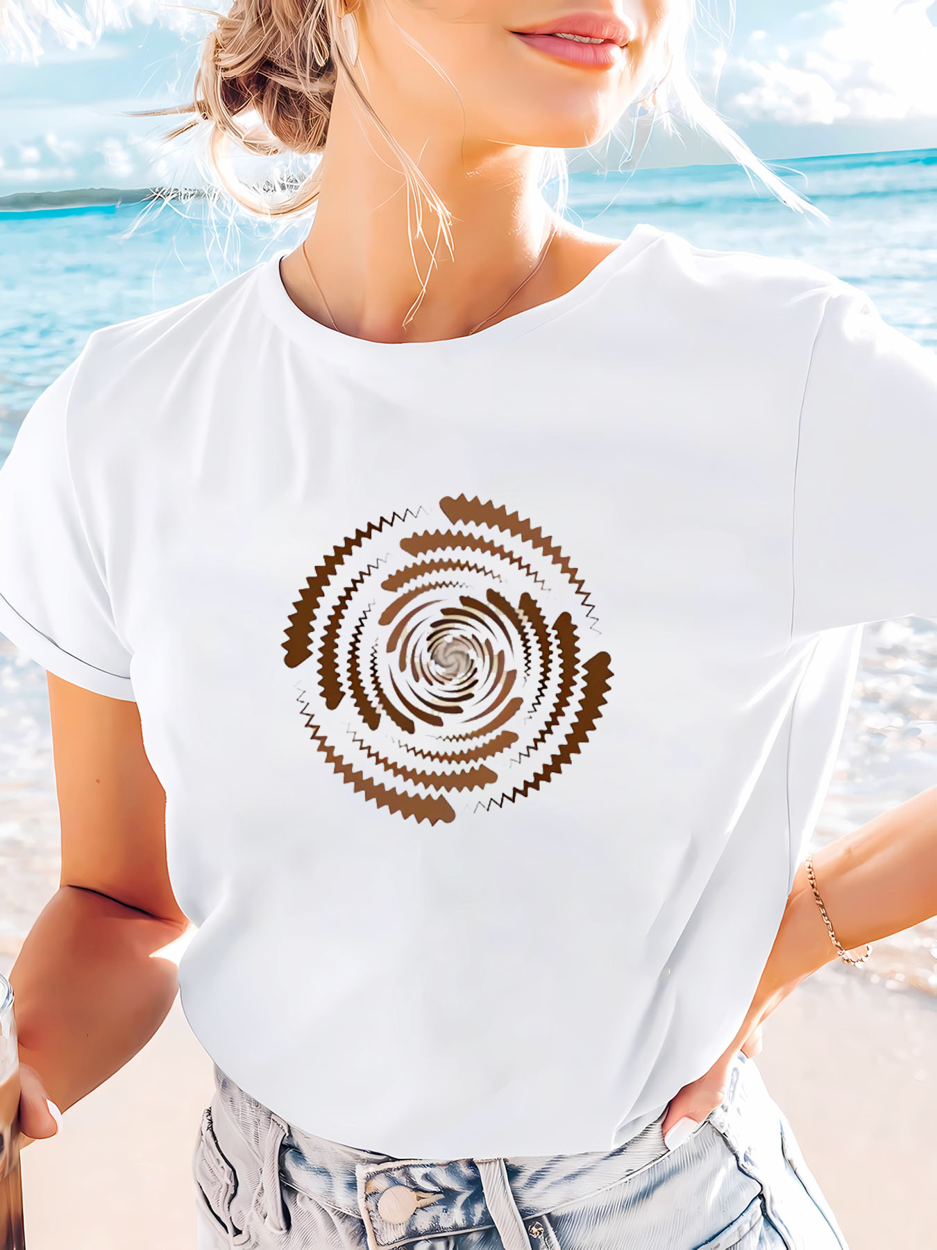 White Printed Round Neck Regular Fit Short Sleeve T-Shirt