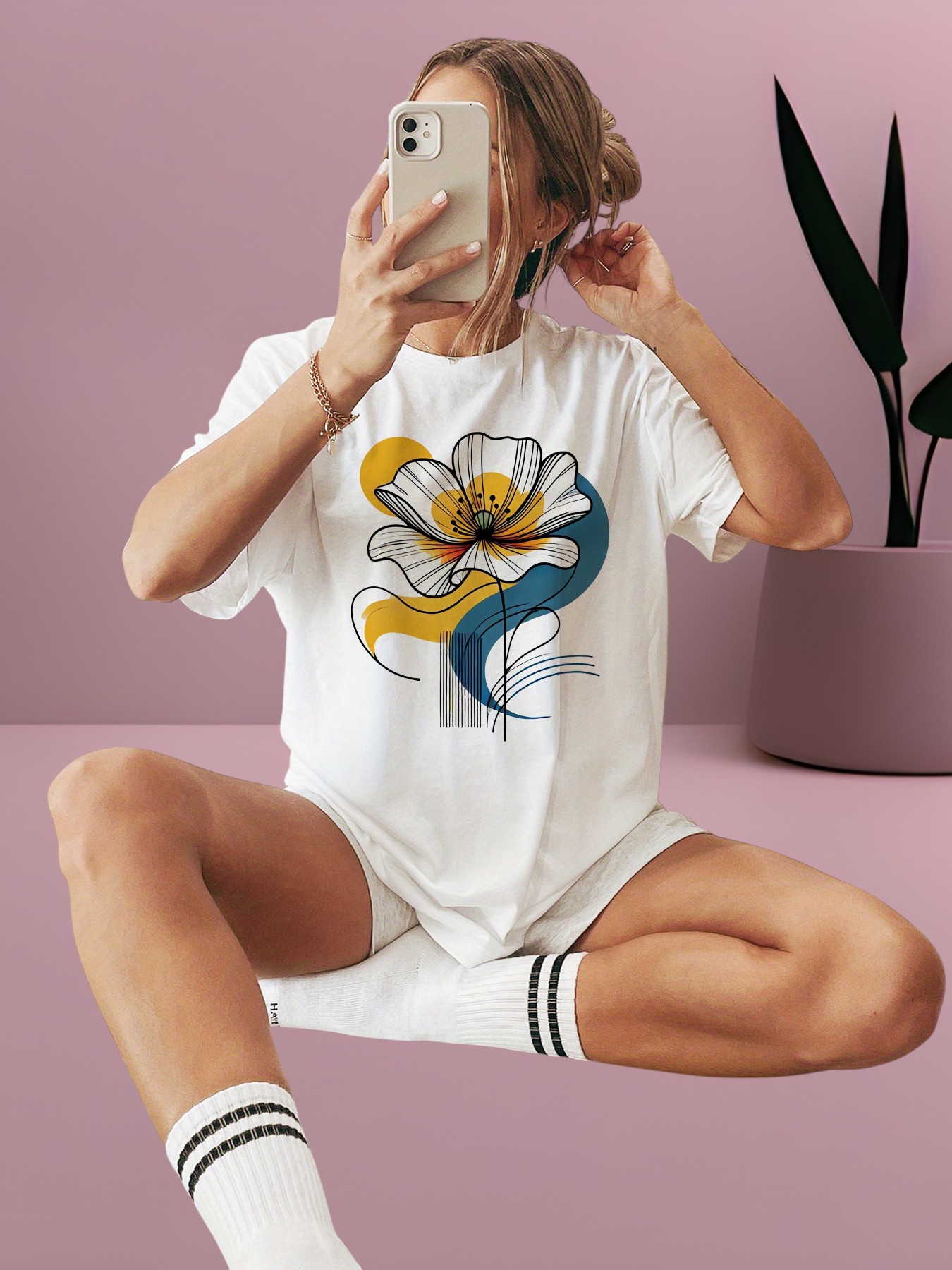 White Printed Round Neck Short Sleeve T-Shirt