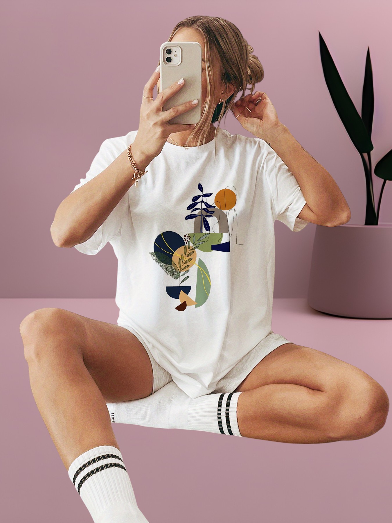 White Printed Round Neck Short Sleeve T-Shirt