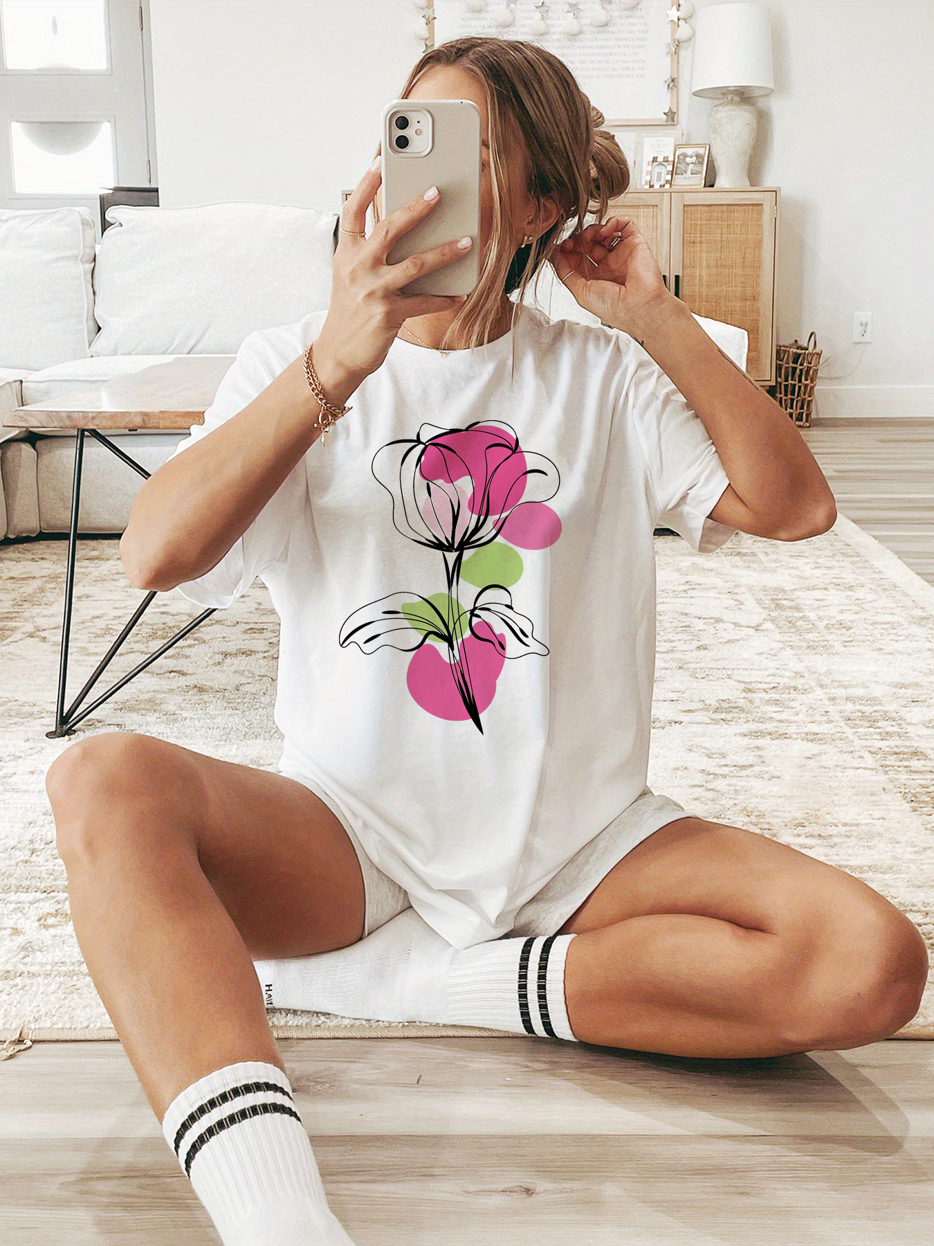 White Printed Round Neck Short Sleeve T-Shirt