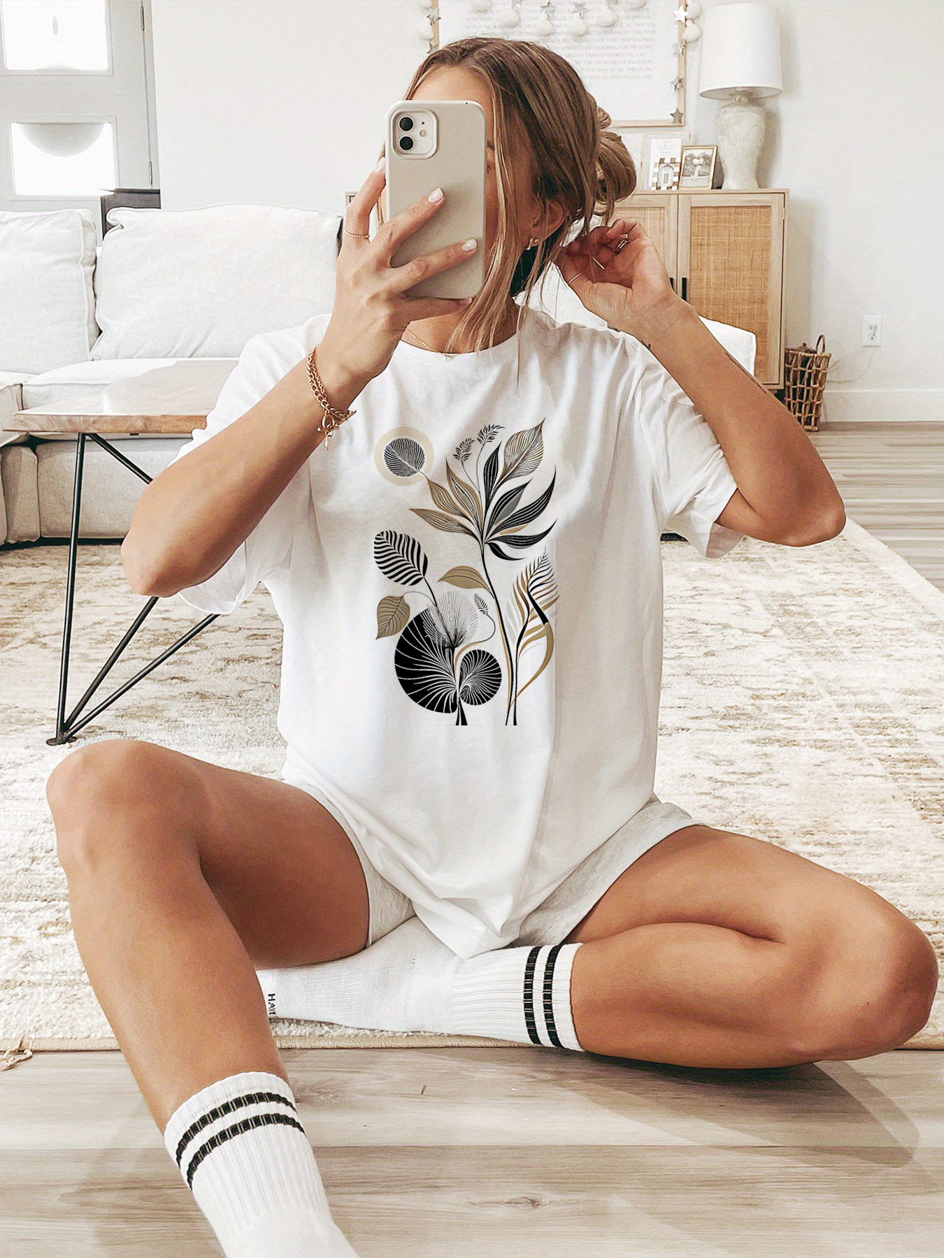 White Printed Round Neck Short Sleeve T-Shirt