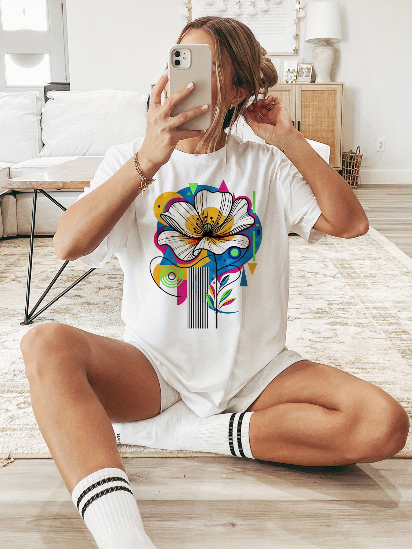 White Printed Short Sleeve Round Neck T-Shirt