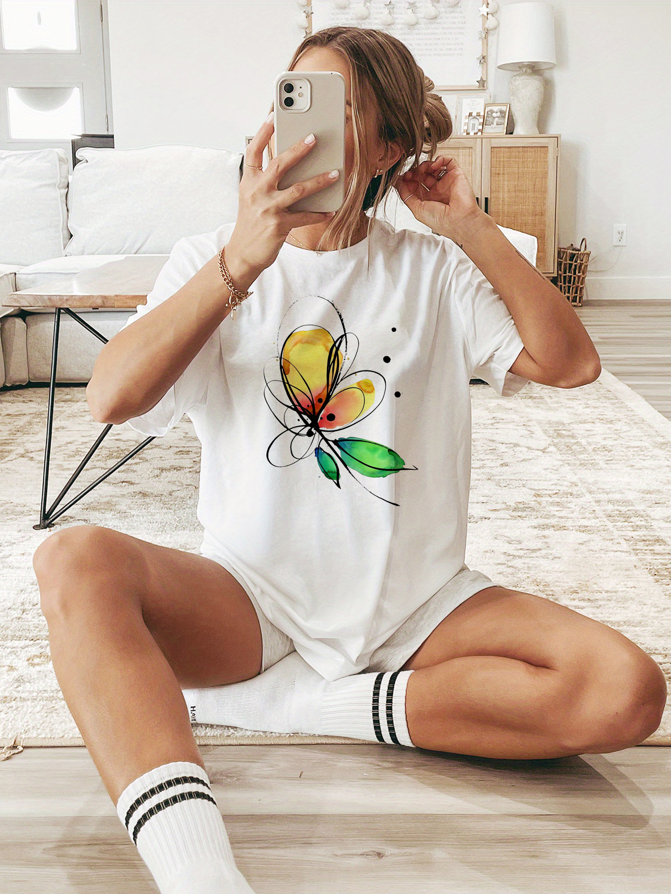 White Printed Round Neck Short Sleeve T-Shirt