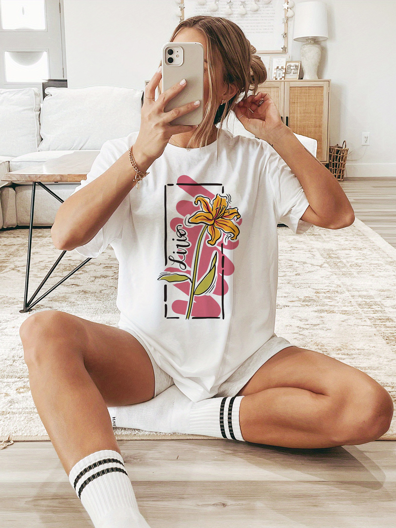 White Printed Short Sleeve Round Neck T-Shirt