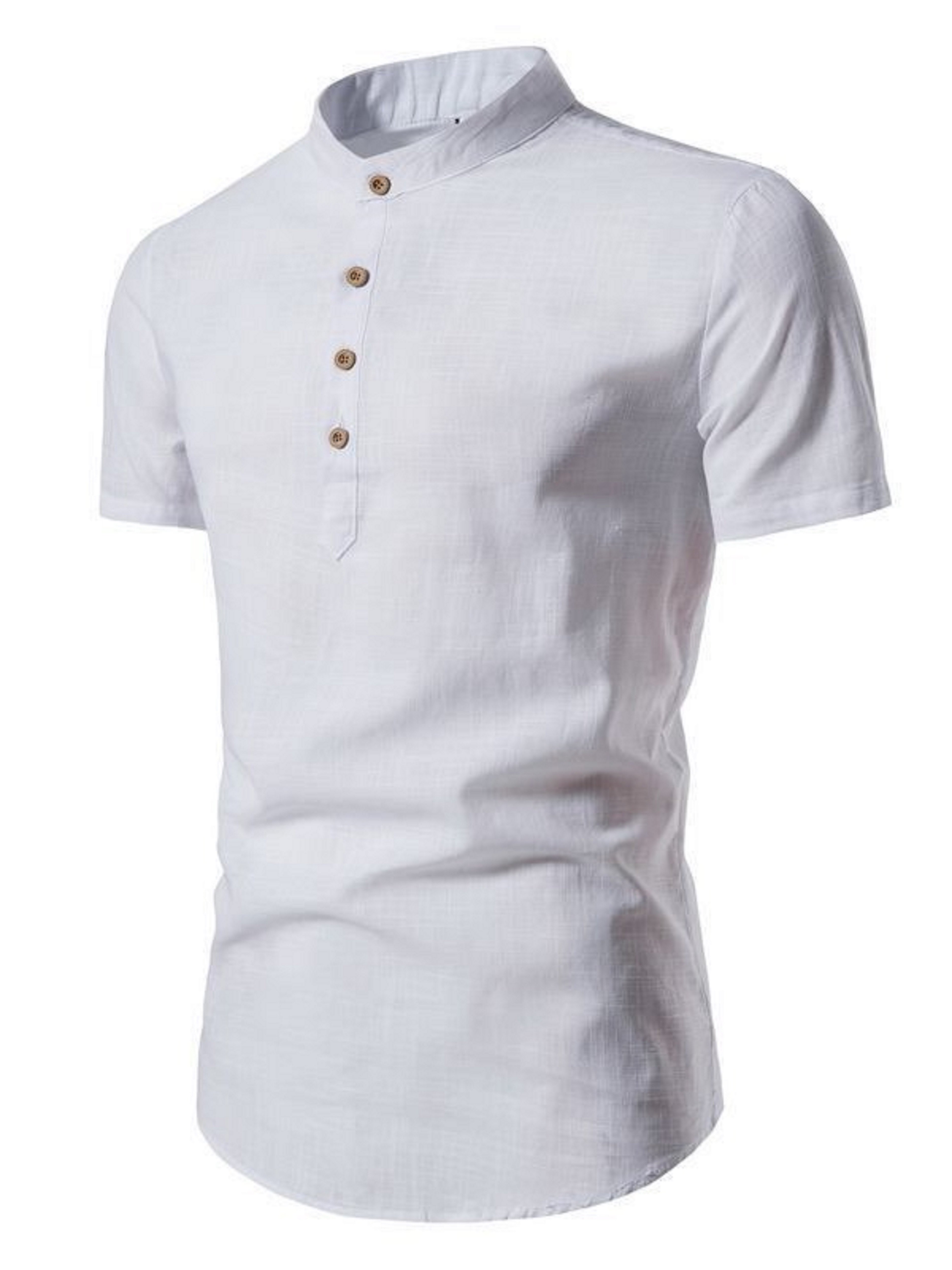 Men White Plain Short Sleeve Mandarin Collar Shirt