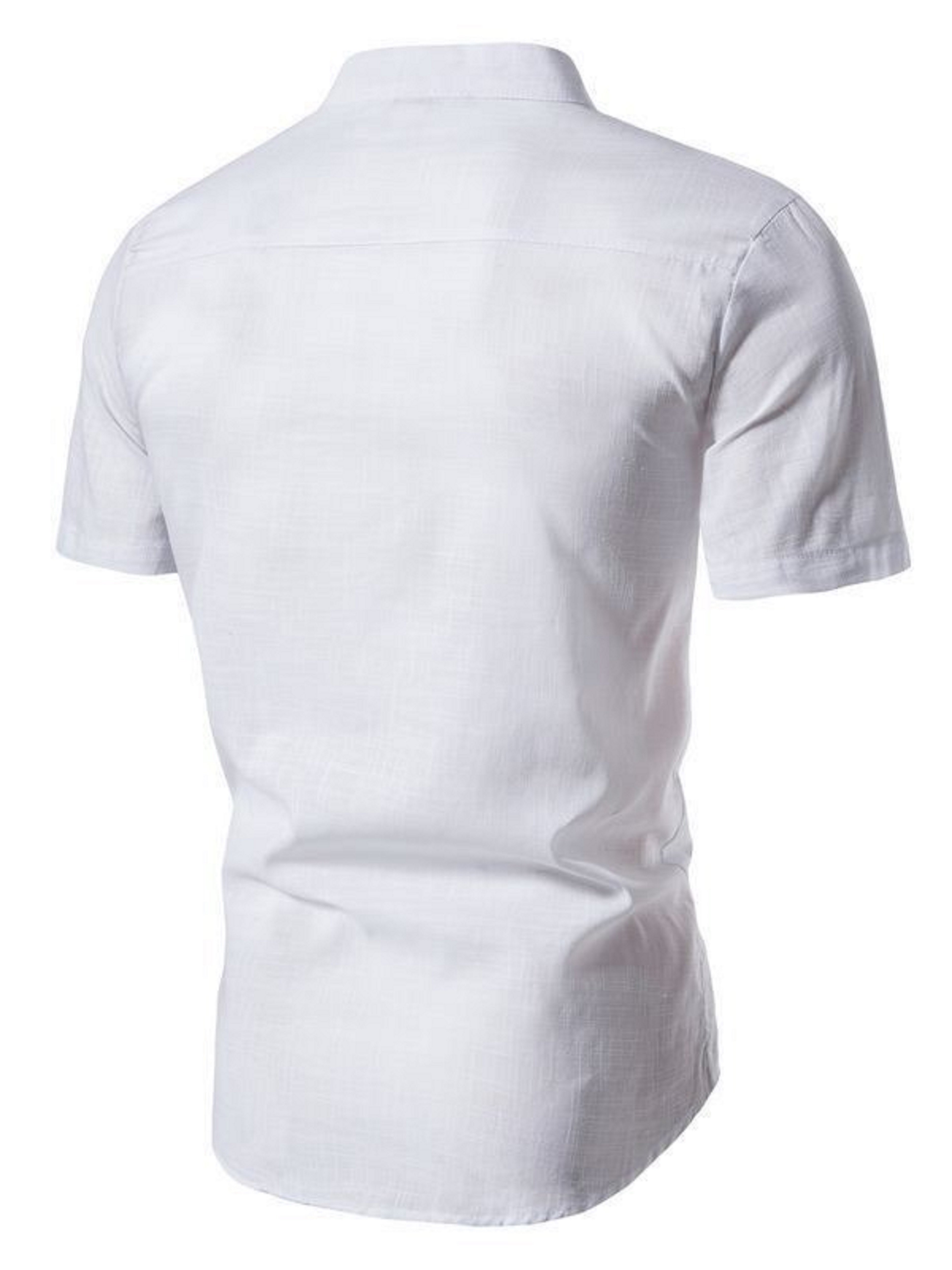 Men White Plain Short Sleeve Mandarin Collar Shirt