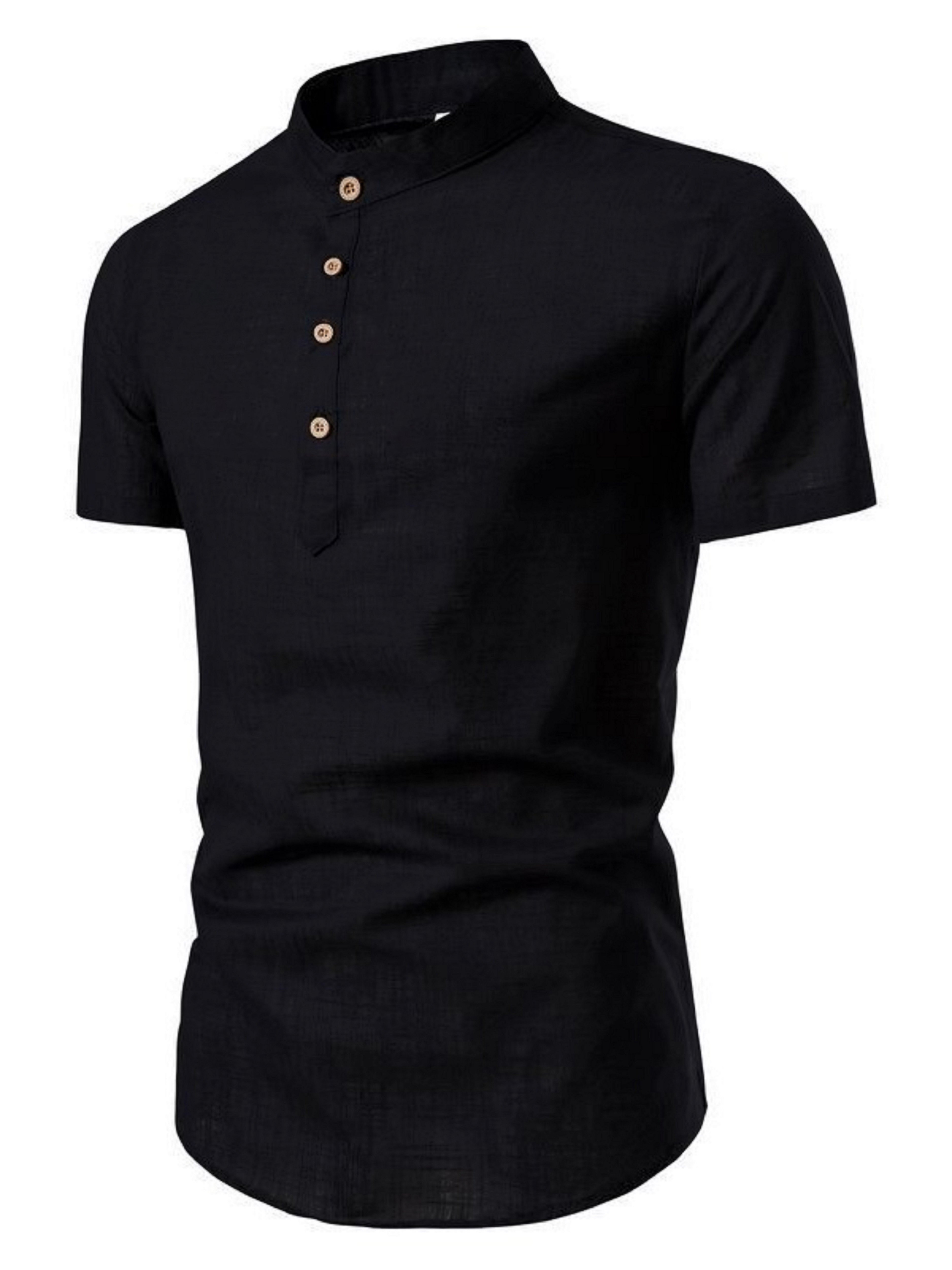 Men Black Short-Sleeve Stand Collar Shirt
