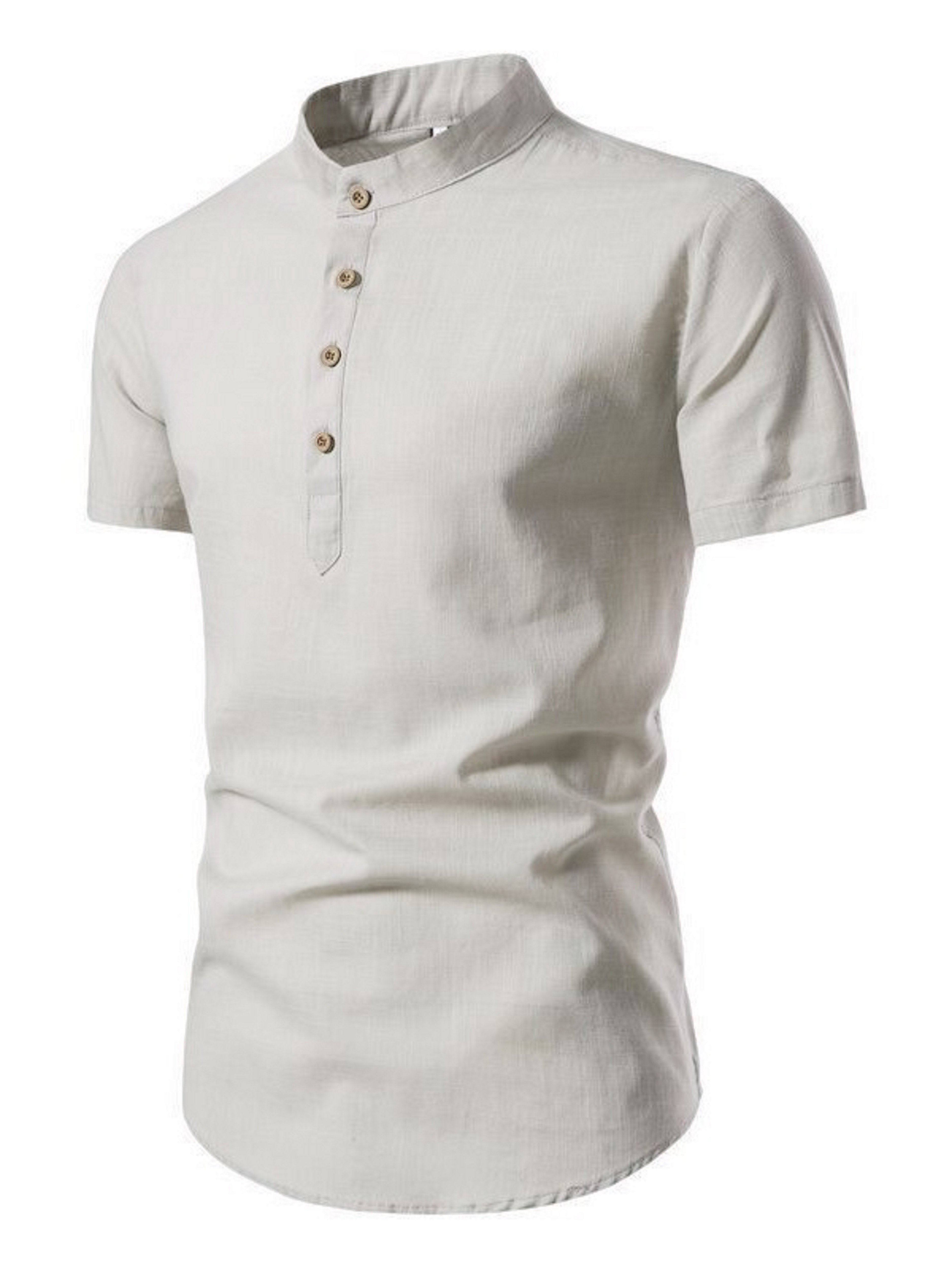 Men Solid Short Sleeve Stand-Up Collar Shirt